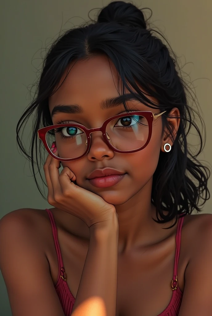 negra pele mulata, intellectual red glasses, cabelo alisado liso pequeno