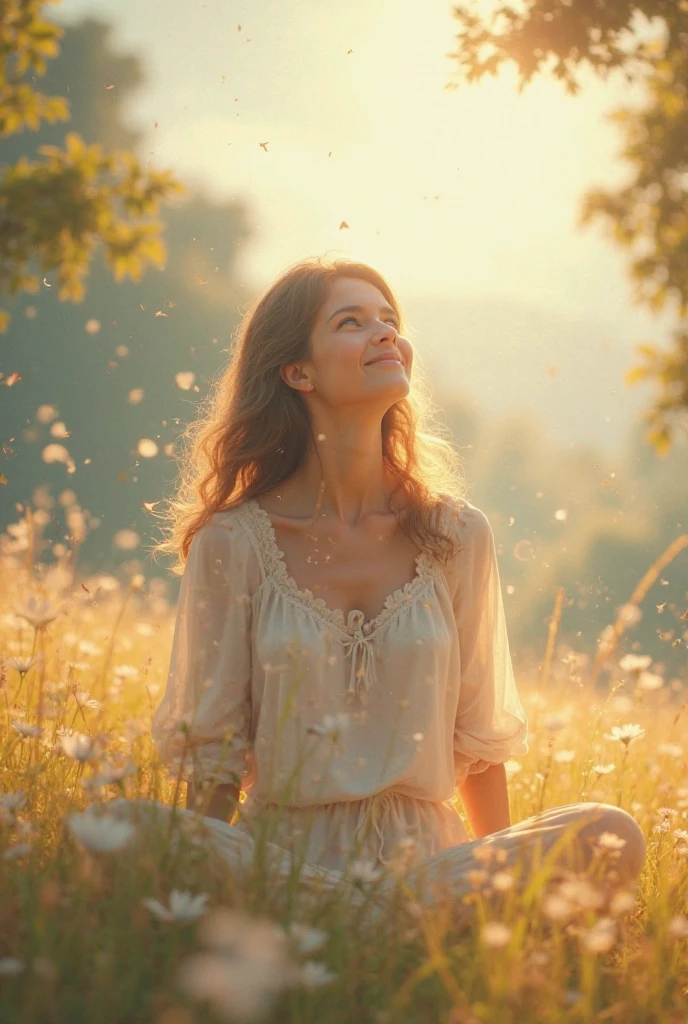 Create an inspiring image that conveys confidence and self-awareness. The image must include a woman standing, de corpo inteiro, smiling in a natural environment, como um fild ou Garden, ao nascer ou sunset. Her expression should convey confidence and serenity..
Elementos visuais:
5. main image:
• Full body woman, smiling and confident, 40 year old. Standing on a huge (very big) opened book.
• Natural environment (fild/Garden).
• Soft sunrise light/sunset.
6. Star of David:
• Discreetly positioned in a corner of the image or subtly incorporated into the background.
7. golden lights:
• Soft light elements radiating around the woman to create an effect of illumination and mysticism.
8. Numerological Diagram:
• A graph or diagram of numbers in a side area or discretely in the image, suggesting the deep and analytical content of the numerological chart.
Style Guidelines:
• Soft and comforting tones.
• Mystical and attractive touch.
• Mix natural light and graphic elements to create a harmonious look.