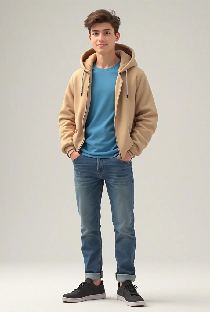 A young man wearing jeans, black sneakers, blue t-shirt and a beige hoddie 