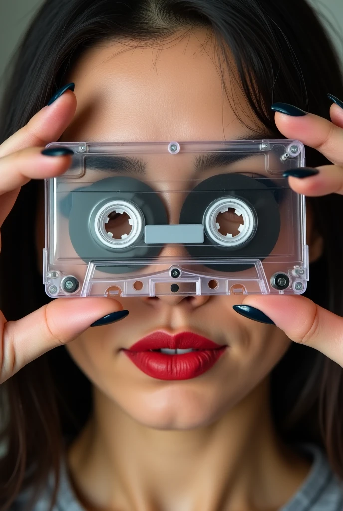 arafed woman with headphones holding a blue cassette and a blue tape, cassette futurist, cassette futurism, cassette, casette futurism, cassette tape, nostalgic and euphoric, nostalgic vibes, with head phones, press shot, tape deck, listening to music, virtual self, official product photo, with headphones, ' ramona flowers ', album art cover, promo art