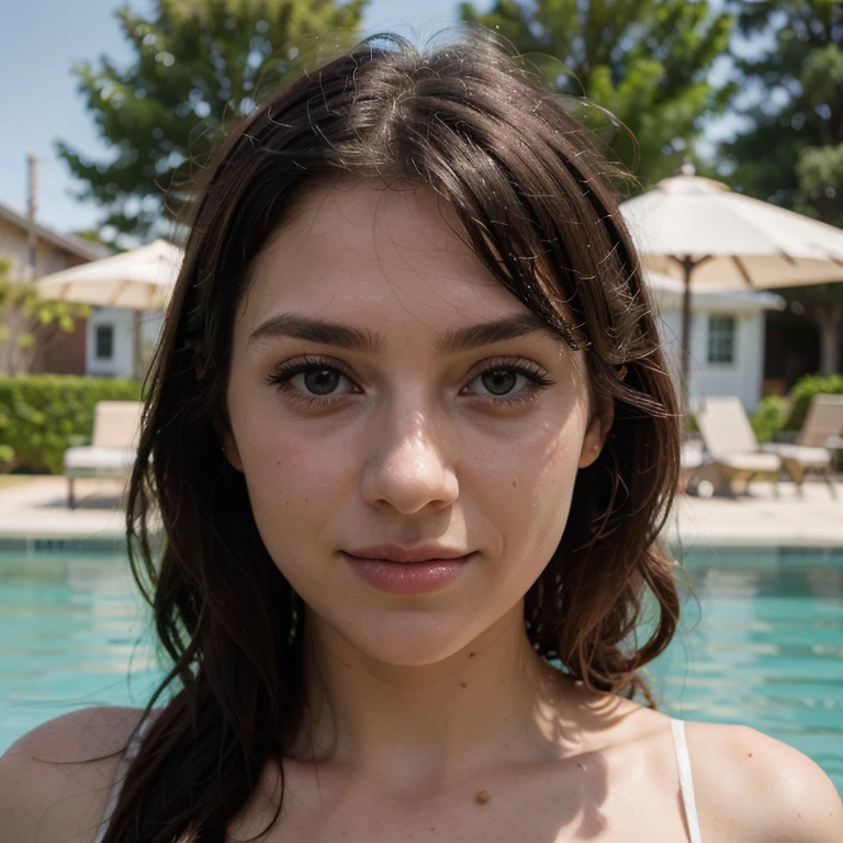 22 year old Brazilian woman, long hair, light eyes, few freckles on her face, in the pool