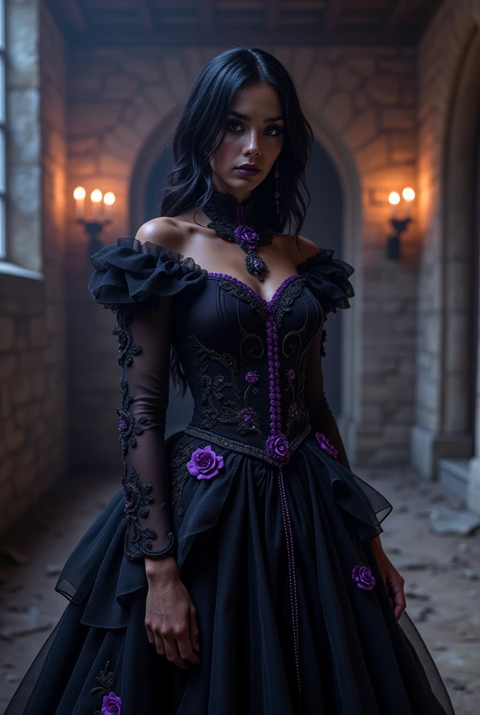 Make a ballgown. The main colors black and purple. The base of the dress black the accent color purple. A built in corset the top to be heavily beaded at the top with a mixture of black, purple, and gold jewels. Flowing sleeves as well. A layer of star lace placed on the bottom of the gown. A beautiful medium sized bow on the back of the dress made with that same star lace. I want the lace itself to be black but the stars adorning the lace to be purple. A layer of gold lace placed in between the bottom layers of the dress. The rest of the bottoms layers of the dress to be black with the top lay to be of the layer of stars. The lace of the corset to be that dark purple. The dress is off the shoulder with the flowing sleeves.