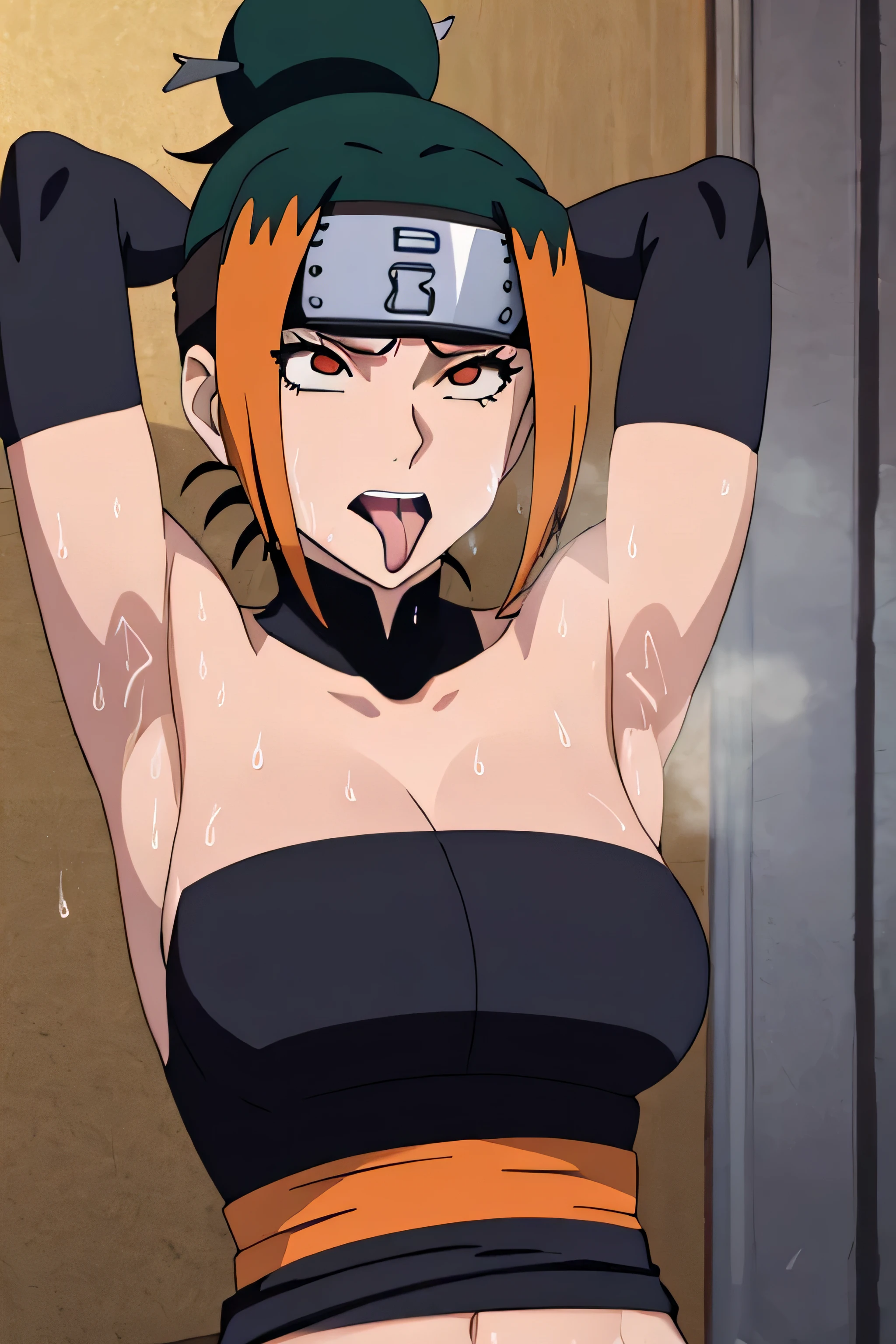 Pakura,human woman with fair skin.with orange eyes and black clothing. Her hair is orange/black in color; She is beautiful. Fair skin.Tsundere face. Pink eye shading,mature appearance,armpits,sweat,sweaty,sweaty armpits,arms up,showing armpits,awesome armpits,outfit,blackish red arm warmers,black arm bands,black arm warmers,tongue