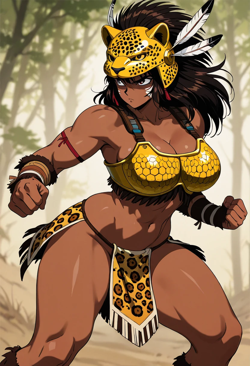 warrior queen, short black hair, tanned skin, wide hips, Big bust, with wooden mallet, Dressing: plume with green feathers, gold earrings, bad cut leopard bikini, leather huaraches, war makeup. 