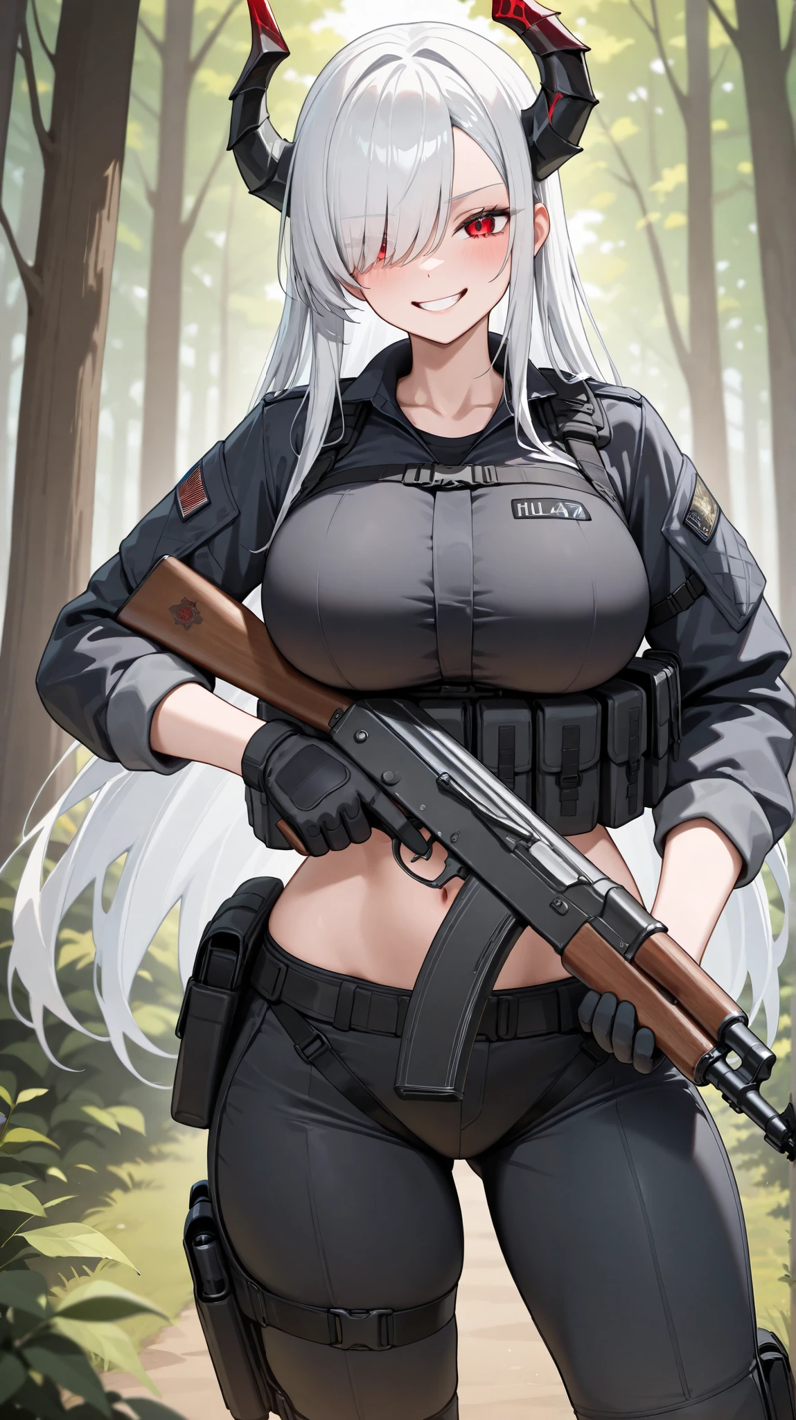 absurdres, (((HD))), (((Ultra High Quality))), ((hyper detailed)), ((Ultra High Resolution)), (Highly rendered), ((detailed eyes)), (((8K))), ((perfect face)), ((masterpiece)), one girl, tall, thin, dragon horns, white hair, long hair, straight hair, swept bangs, hair over one eye, red eyes, evil grin, large breasts, tactical clothes, jacket, black shirt, midriff, tactical gloves, black pants, combat pants, forest background, AK-47, holding AK-47,