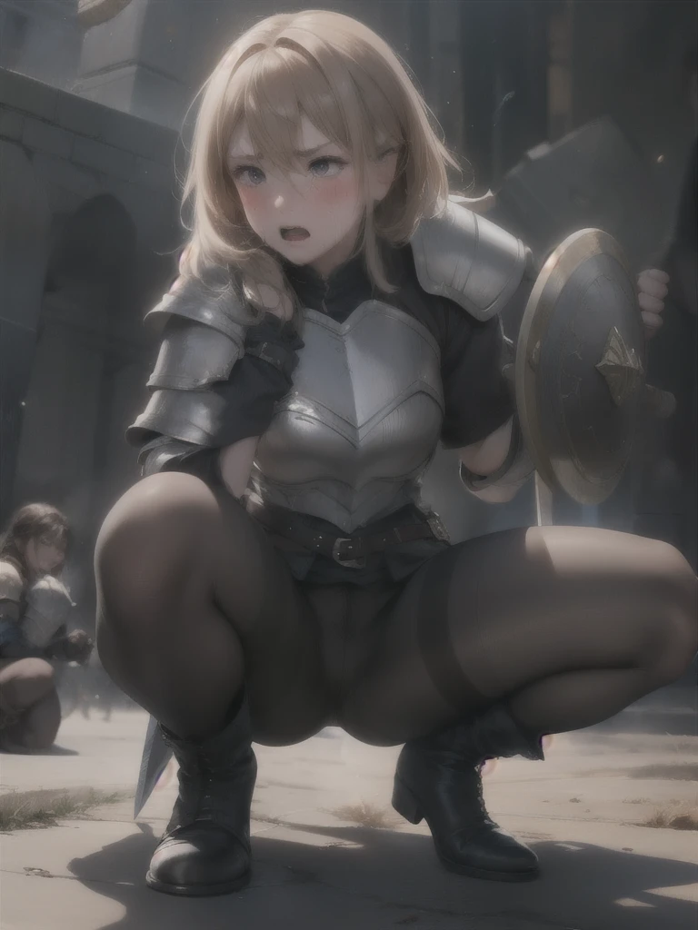 Female Knights aged between  and 33、Orgy with enemy soldiers、crowd、Flat Chest、Blonde、Square in the city、Torn Knight Armor、Spreading legs、despair