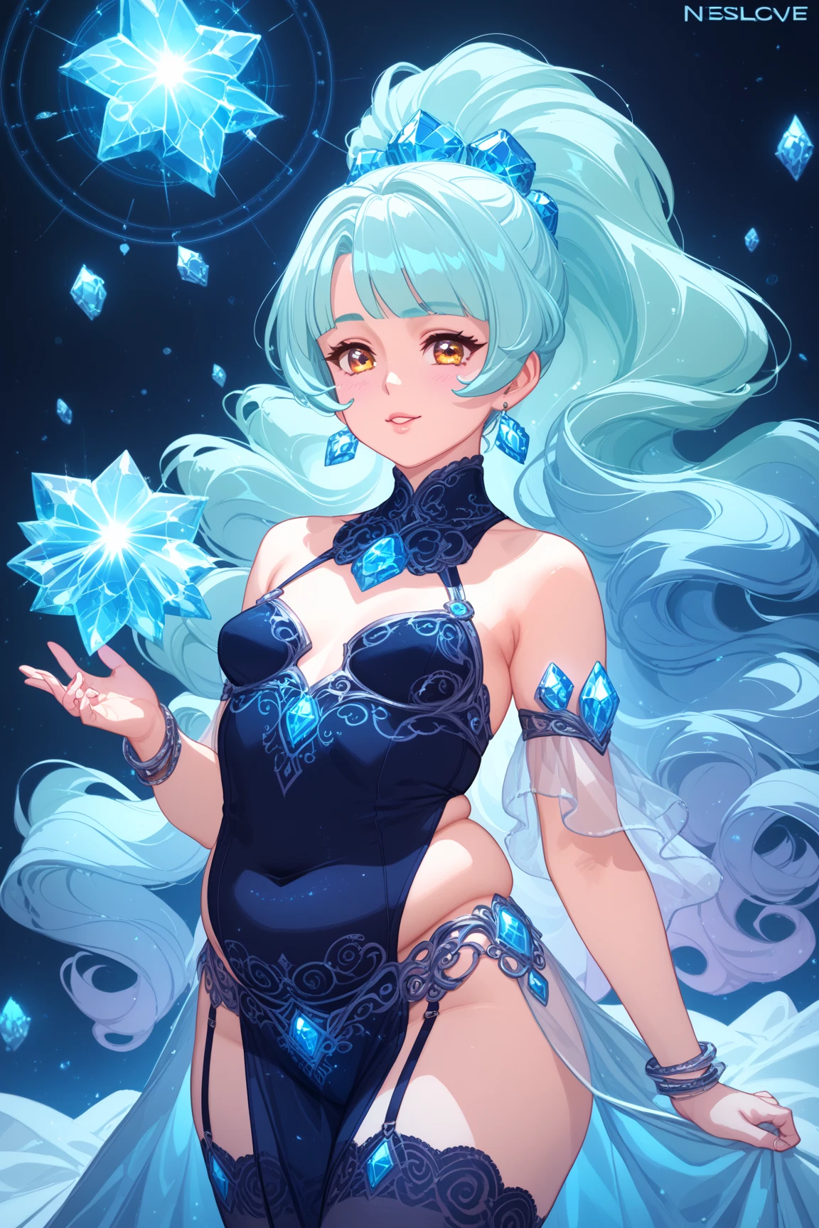 Masterpiece, Hyper detailed, Best quality, UHD, Ultra high resolution, (16K), (((3D))), ((Close up)), Tiny Nipples, ((Topless)), ((Long revealing black sci-fi dress with gold trim)), Voluptuous, Sexy, Curvy waist, Wide hips, (((Goddess emerging from Black hole))), Long elf ears, (Blue eyes, Longeyelashes), (Long silver braided hair), (Celestial abstraction, Cosmic patterns, Galactic swirls, Ethereal glow), AGGA_ST009