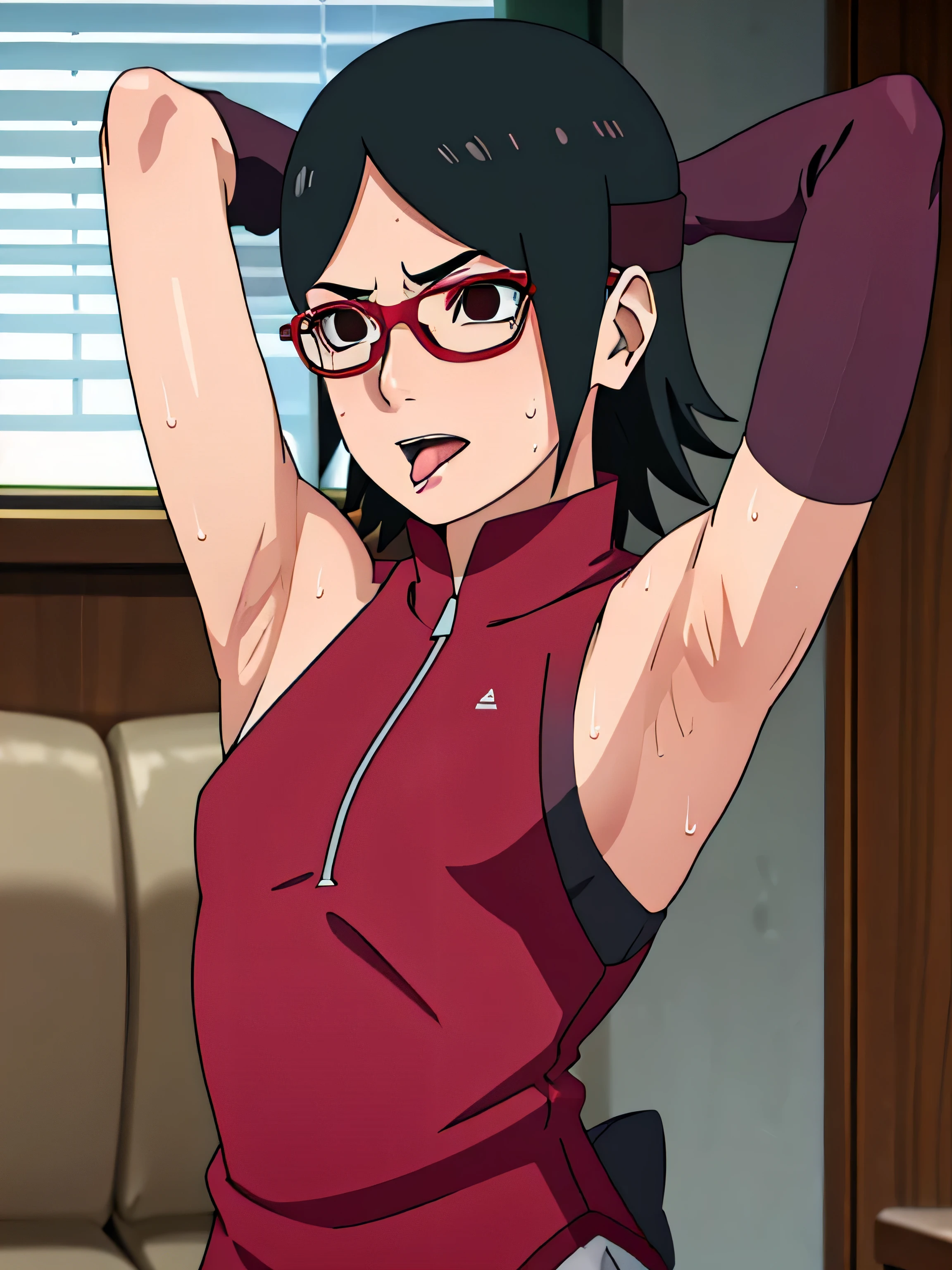 Sarada Uchiha,human woman with fair skin. She is a r with black eyes and red clothing. Her hair is black in color; She is beautiful.Wearing red rimmed glasses.Tsundere face. Pink eye shading,mature appearance,armpits,sweat,sweaty,sweaty armpits,arms up,showing armpits,awesome armpits,outfit,blackish red arm warmers,maroon arm bands,maroon arm warmers,showing tongue,tongue out