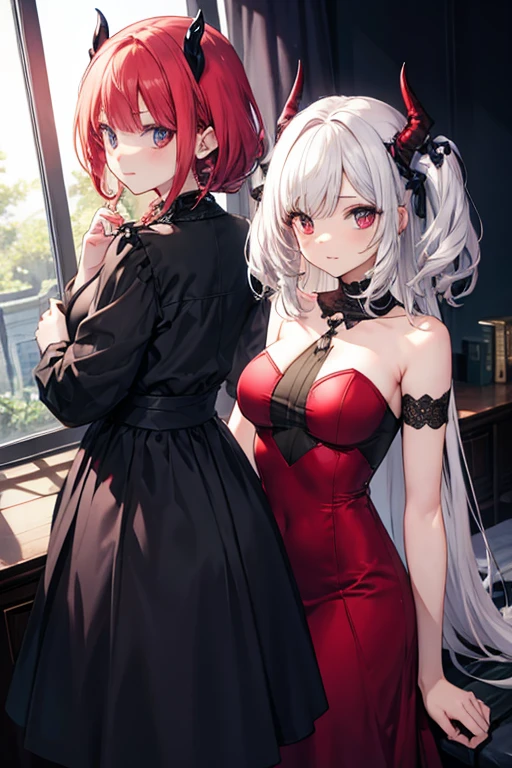 Dark red hair, black dress, silver hair in manga style