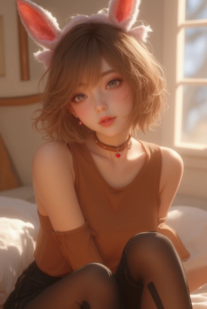  1girl, short hair, light brown hair, stockings, bunny ears, leg garter, black pants, brown top, ruby earrings, choker,anime cute girl,supper ไวท์และเงา