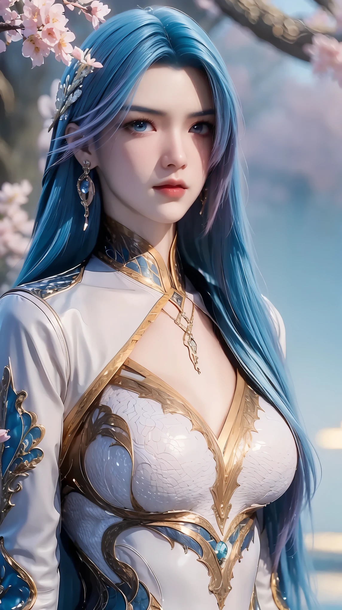(Best quality, High resolution, Masterpiece :1.3), A tall and pretty woman, Slender abs, Pink brown hair styled in loose waves, Breasts, Wearing pendant, nude, Details exquisitely rendered in the face and skin texture, Detailed eyes, Double eyelid, 1girl, solo, blue hair, wearing black blue and white clothes, brown eyes, looking at the viewer, lips, turn to face, closed mouth, earrings, long sleeves, river, Sakura tree behind,