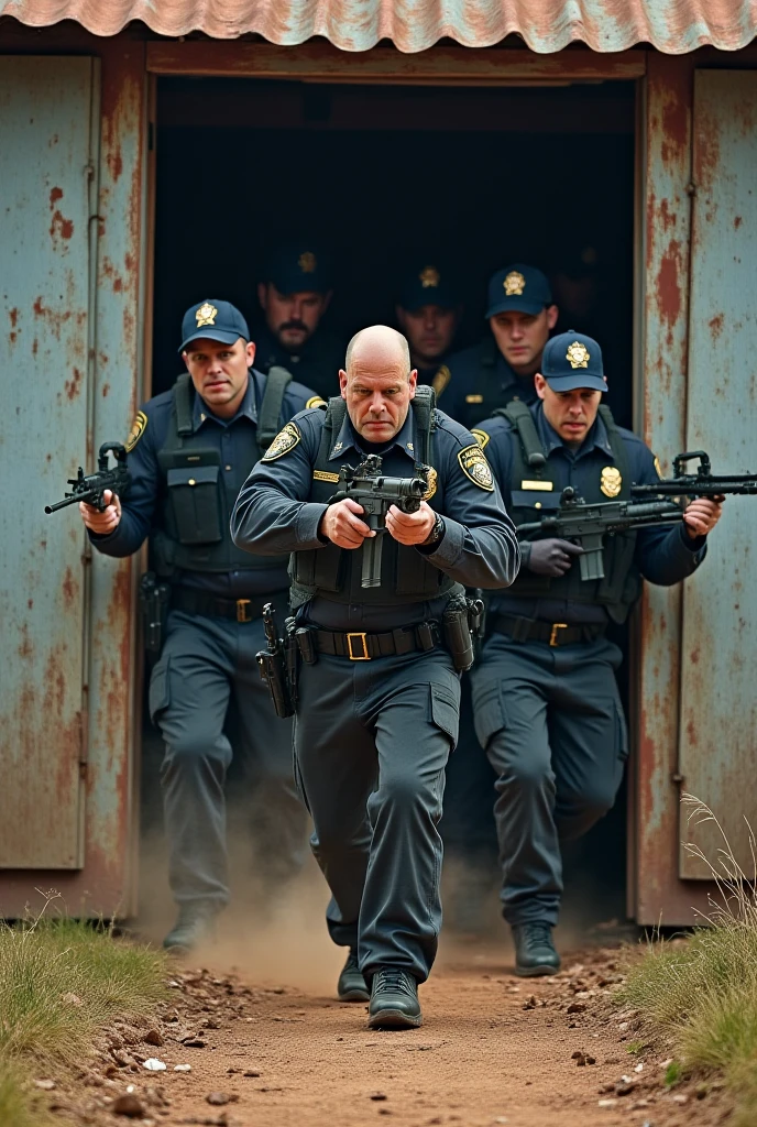 a police officer in a training field, muscular build, determined expression, tactical gear, gun holster, running, obstacle course, military-style training, rugged terrain, dramatic lighting, cinematic angle, photorealistic, 8k, highly detailed, professional photograph