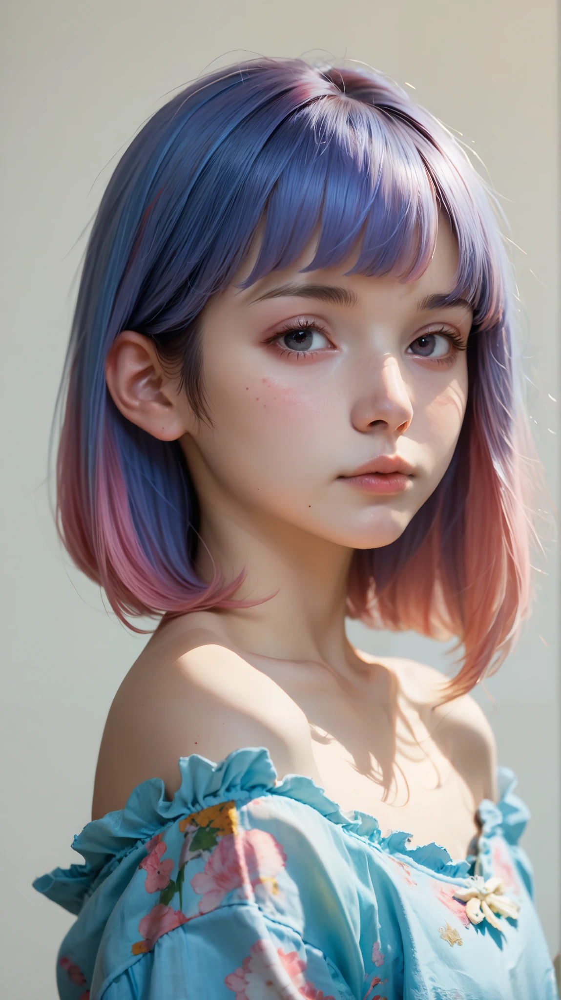 score_9, score_8_up, score_7_up, Japanese girl, 1 girl, ((( Hair, Princess cut))), (bangs:1.1), side view, ( detailed face and eyes :1.2), white background, perfect cute face , viewers after shaving armpit hair, bright colors, expressionless, , ( freckles:0.6), no makeup, natural color clothes, round face, off shoulder,