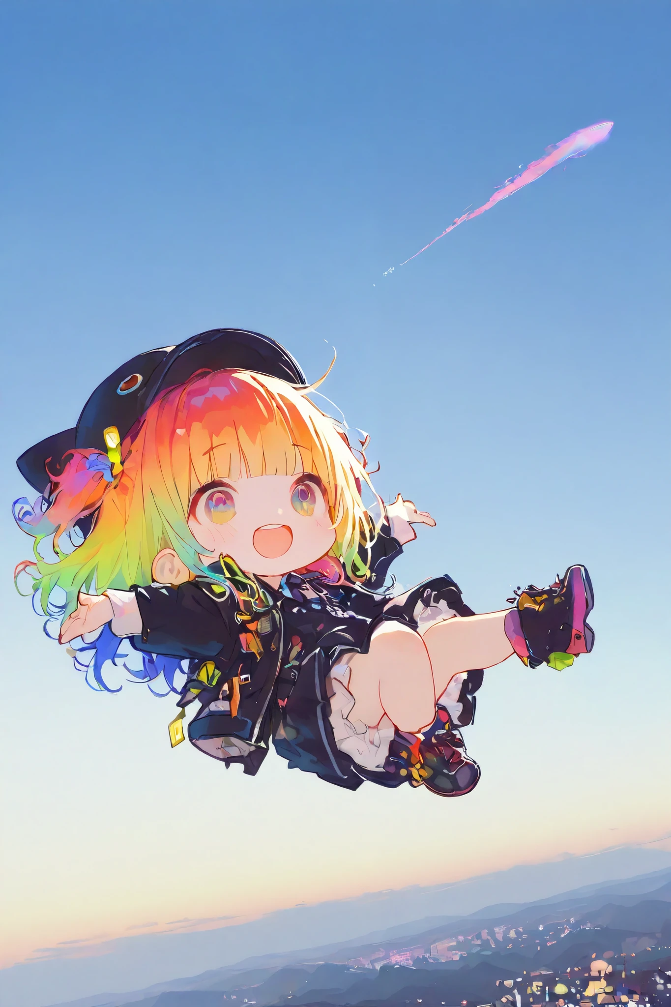 1girl\(\),chibi,flying sky,smile,:d,(dynamic pose:0.25) ,masterpiece, best quality, 8k, highres, ultra-detailed,HDR, UHD, professional, vivid colors