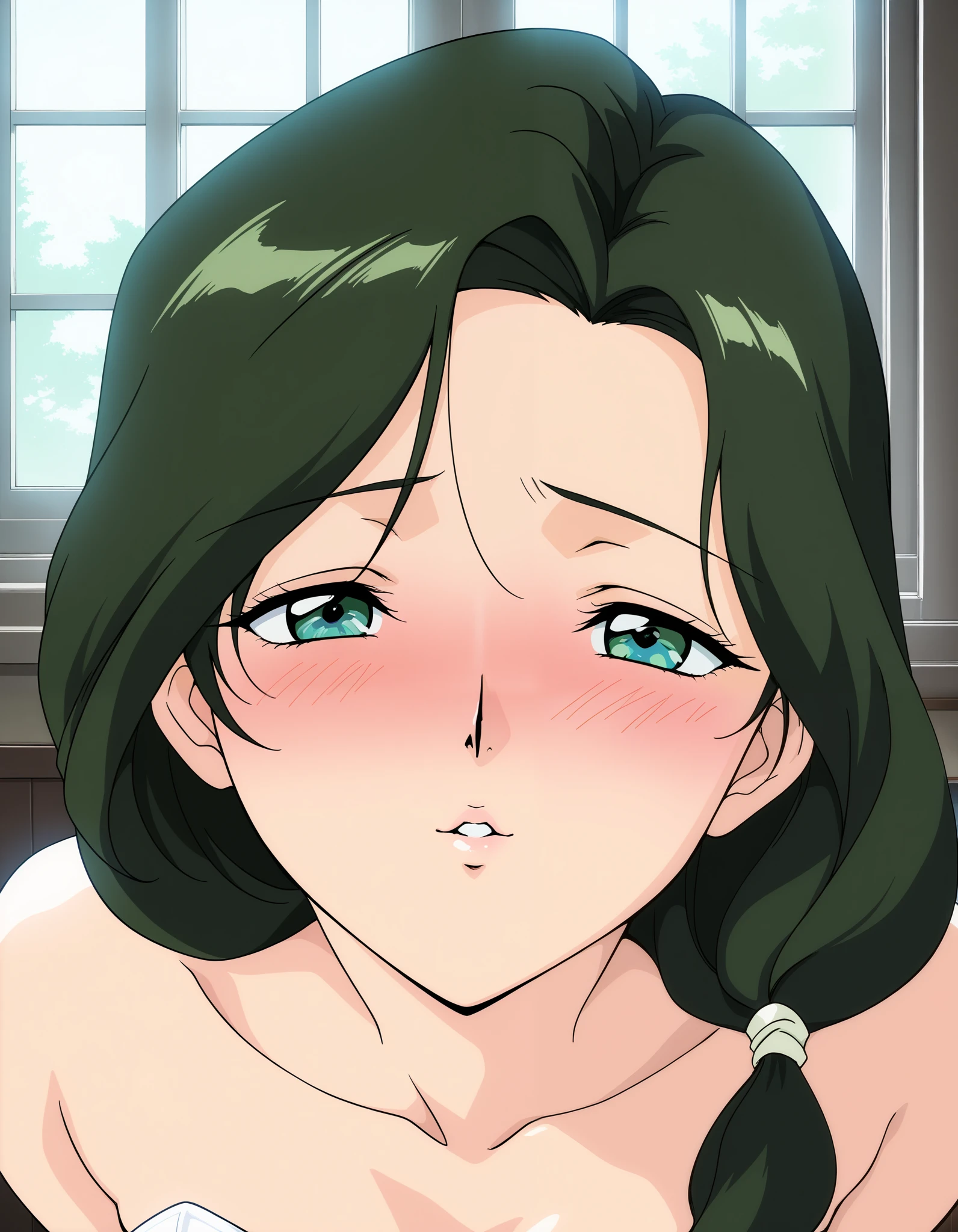 one girl, (Alone:1.2), sakurai_sensei, (face focus), dark green hair, long hair, green eyes, low ponytail, anime coloring, blue eyes, shoulder-mounted hair , pretty face, small breasts, cleavage, (Wedding Dress), (shy:1.1), (blush), (smile), (I'm fascinated:1.1), (incoming kiss:1.2), ( wedding venue from the window), score_9, score_8_superior, score_7_superior, source_ anime, (best quality:1.2), masterpiece, high quality, full color, 8k, High Resolution, front light