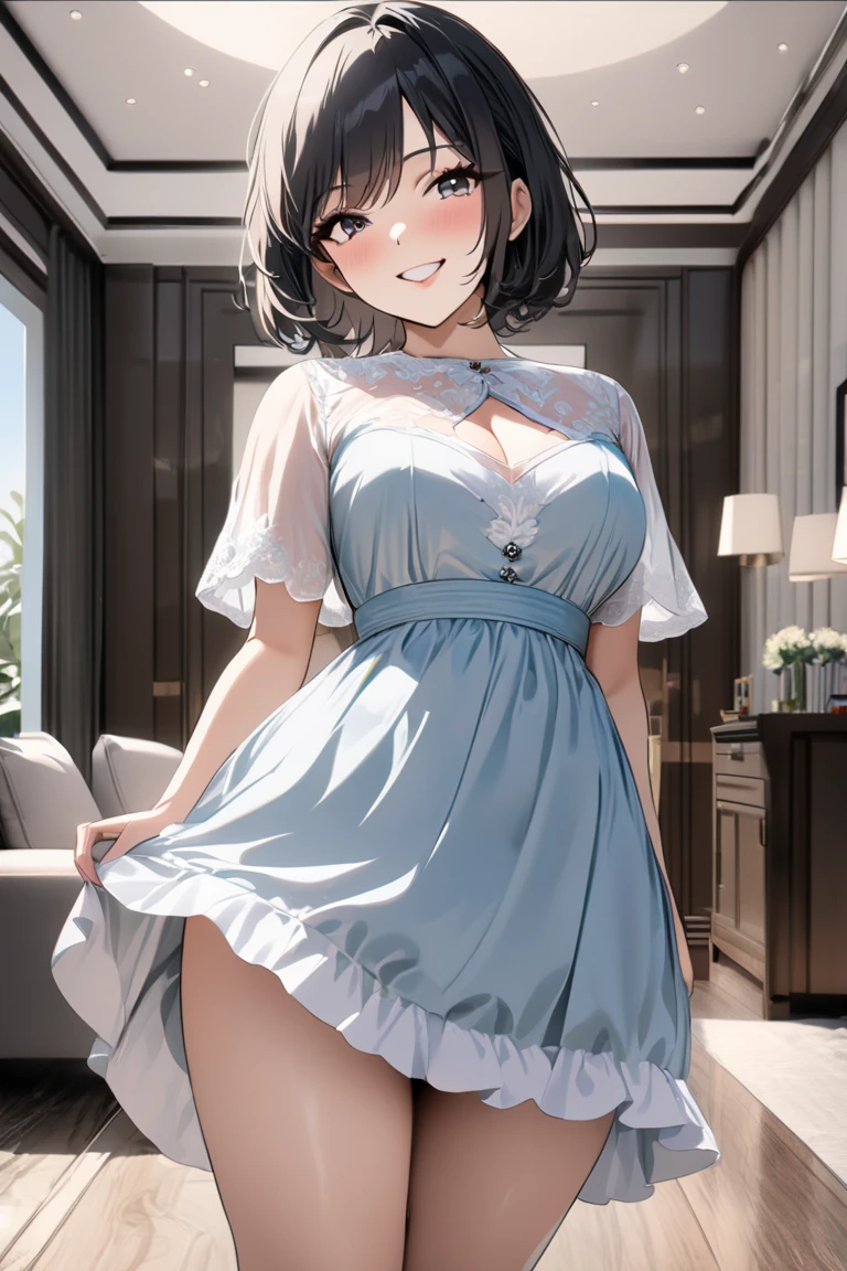 (masterpiece), highly realistic, from below, Flushed cheeks and smiling to the viewer, Incredibly beautiful frail woman with dark brown short hair and fair skin, Transparent white bloomers, (cameltoe), medium bust, (University Gymnasium), (perfect anatomy), 8k Resolution, wonder full, elegant, hyperrealism, approaching perfection, dynamic, highly detailed, smooth, ultra high definition, Alchemy Smooth Upscaled Image ,HD resolution, high quality boost, contrast boost, professional alchemy