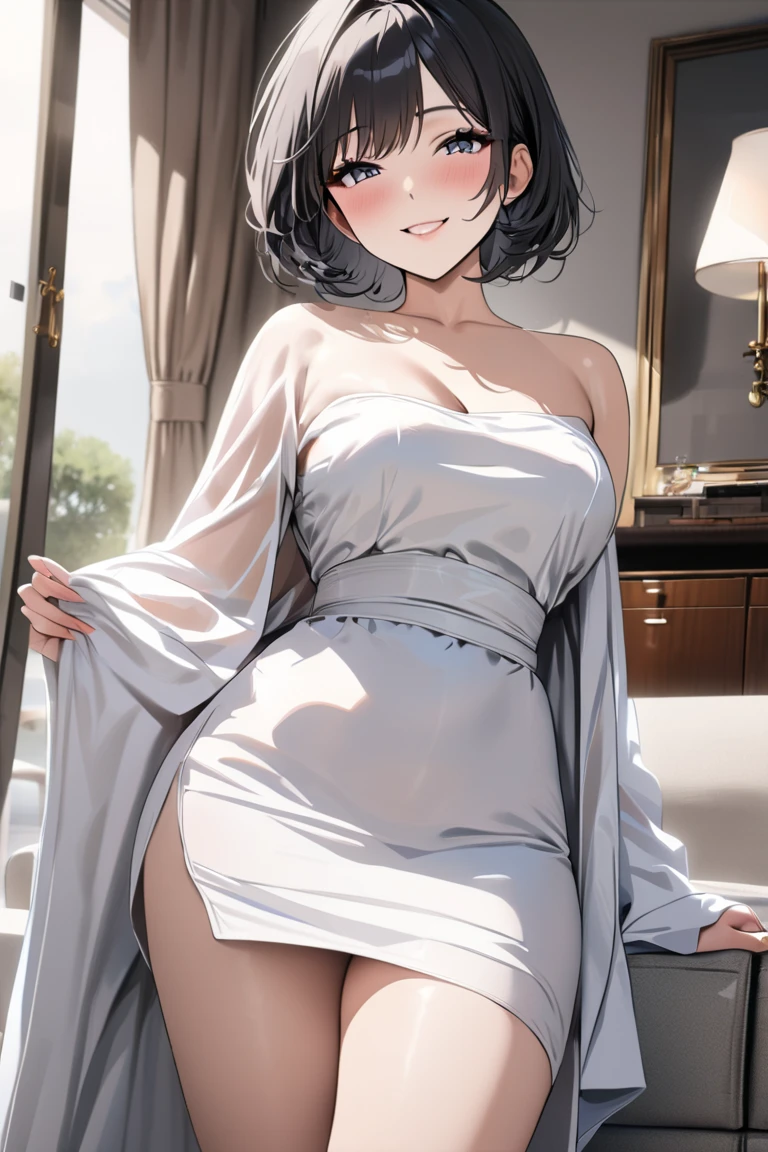 best quality, masterpiece,
1girl, solo, very short hair, navy blue hair, yellow eyes, large breasts, tomboy, bangs, full body,
<lora:Tomboy-3000-12repeats:0.7>, <lora:tareme_eyes:1.1>,
shameful, blush, parted lips,
wearing white dress, detailed dress,
front light, bright,
<lora:1990:0.4>
raised leg invitation, leg up, <lora:raised_leg_invitation:0.8>