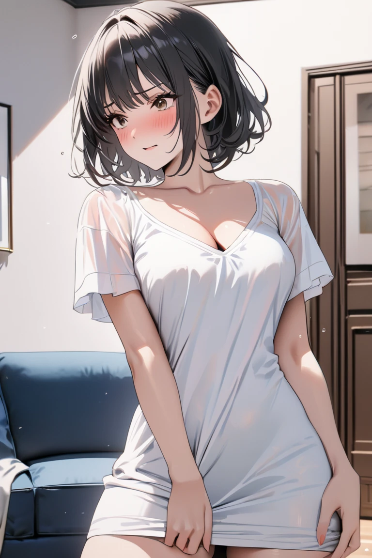 1girl in、A smile、Relaxing in your room、Wearing only a big shirt、