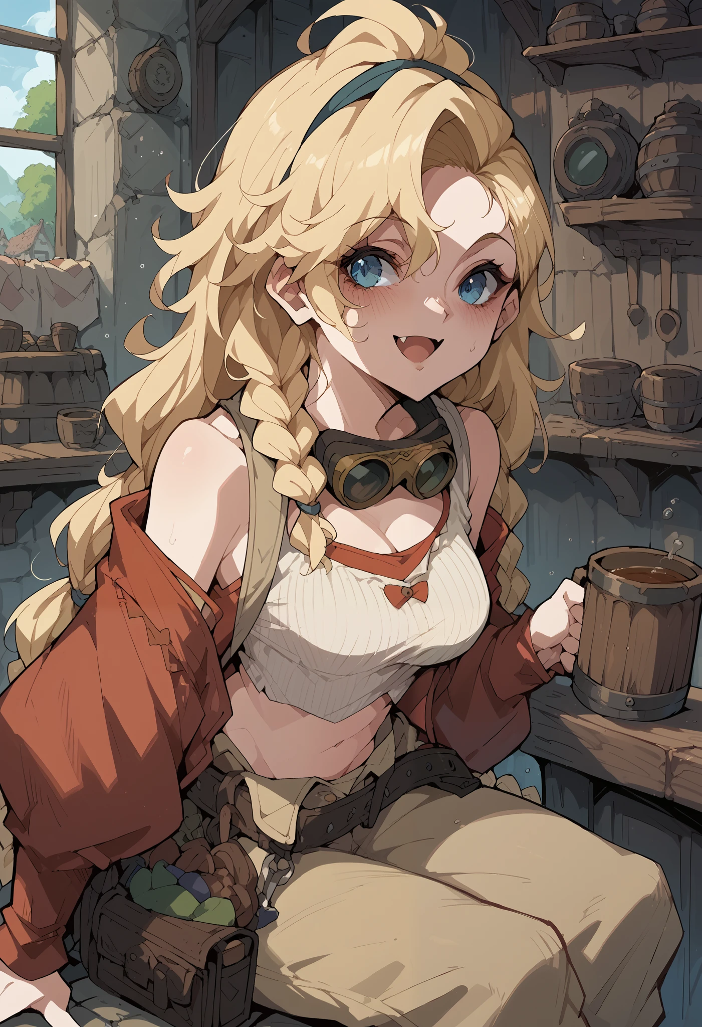 1girl, solo, long hair, blonde hair, braid, multiple braids, blue eyes, ahoge, hairband, overalls, navel, midriff, baggy pants, pouch, goggles around neck, red jacket, crop top, tool belt, brown pants detached sleeves, tube top, sitting, tavern, holding mug, dizzy, smile, open mouth, fang, looking to the viewer, score_9, score_8_up, score_7_up, score_6_up, score_5_up, score_4_up, BREAK source_anime, masterpiece