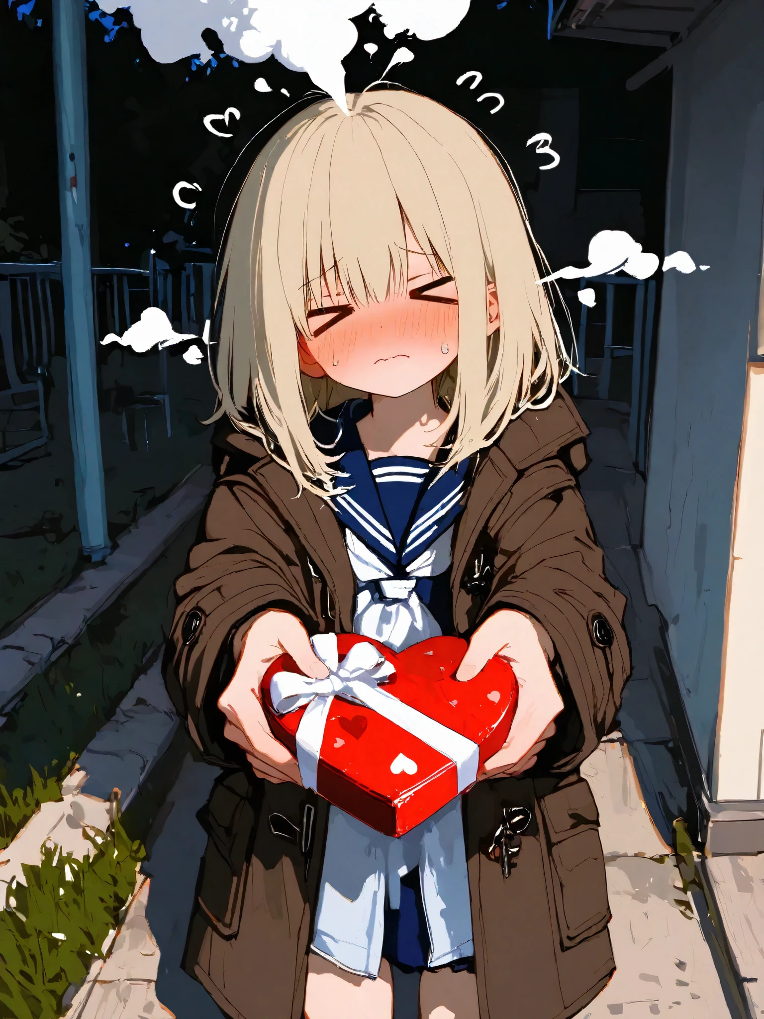 1girl\(> <,strong closed mouth,embarrassed,light head steam,sweatdrop,lovestruck,school sailor,put on black duffel coat \),arrow through heart,school sailor,Holding a heart-shaped gift box in both hands, arms outstretched, offering the gift box to the viewer,cowboy shot, school backyard,moody atmosphere,748cmstyle,UHD, retina, masterpiece, accurate, anatomically correct, textured skin, super detail, high details, high quality,best quality, highres, 1080P, HD, 16k