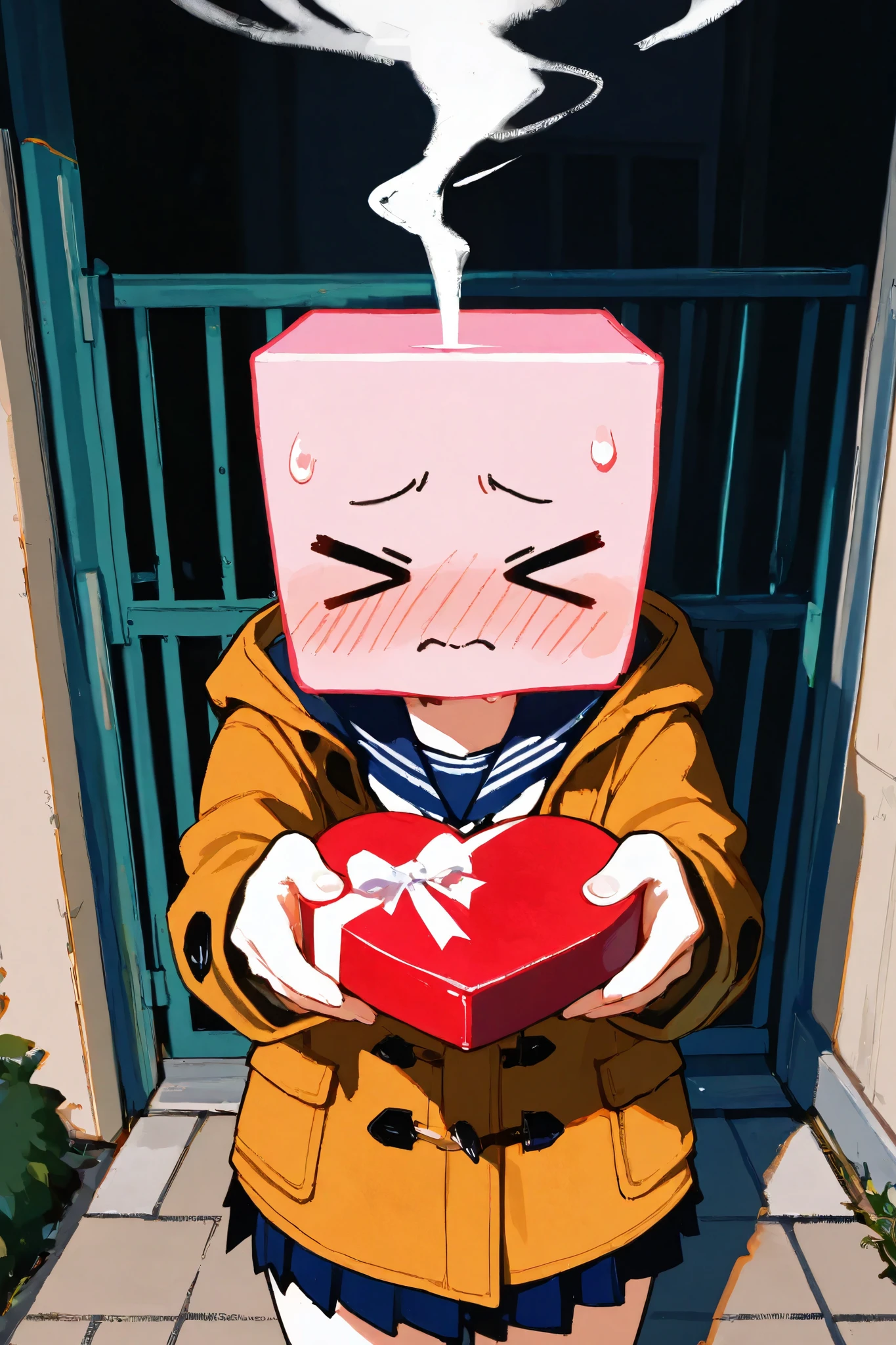 1girl\(> <,strong closed mouth,embarrassed,light head steam,sweatdrop,lovestruck,school sailor,put on black duffel coat \),arrow through heart,school sailor,Holding a heart-shaped gift box in both hands, arms outstretched, offering the gift box to the viewer,cowboy shot, school backyard,moody atmosphere,748cmstyle,UHD, retina, masterpiece, accurate, anatomically correct, textured skin, super detail, high details, high quality,best quality, highres, 1080P, HD, 16k