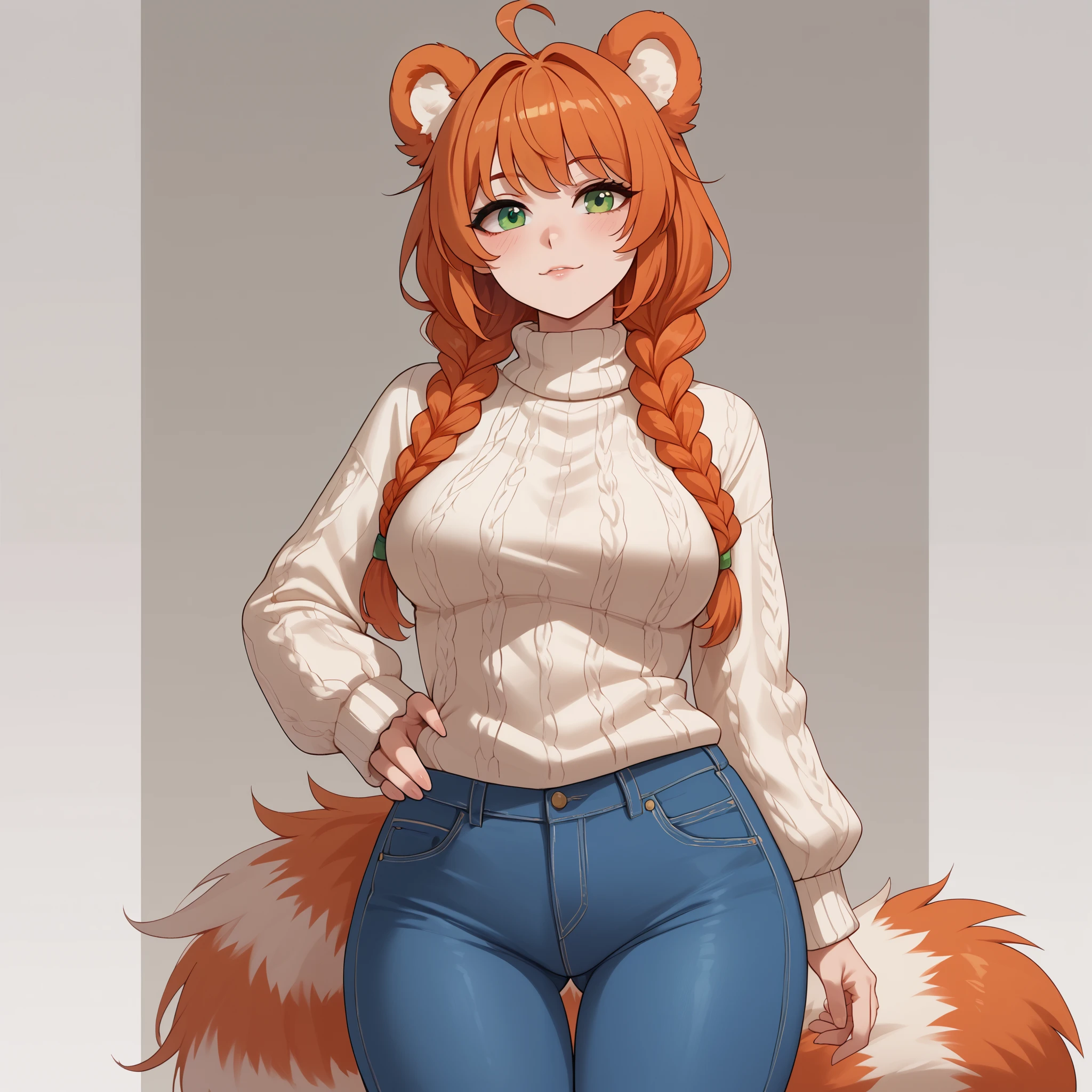 (Masterpiece) (High Detail) (High Res) A short curvy slim Humanoid red_panda Female with tanned human skin and bright green eyes and long braided orange hair and fluffy orange red_panda ears and a long fluffy red_panda tail and medium breasts. She is wearing an oversized baggy sweater and jeans.