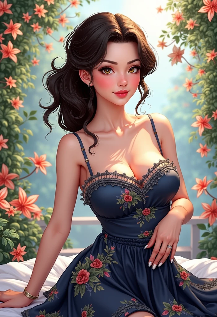 Female . 5'3 height. Long wavy raven hair reaching till butt. Hazel eyes with golden flecks on the middle and red plum lips. Pale and a bit rosy complexion. DD cup breast. Small waist, wide hips, thick thighs and curvy bubble butt. Really feminine and beautiful. Sitting in the garden with a soft smile. Dressed in a short shoulder off pink sundress