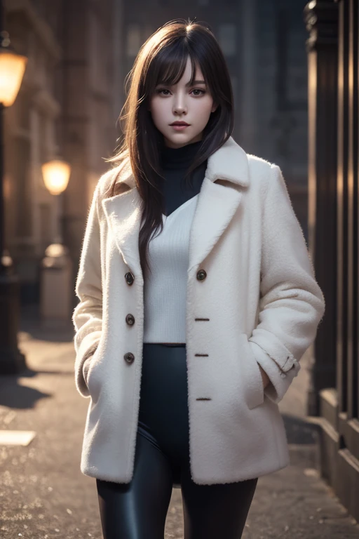  beautiful girl with realistic dark eyes wearing thick tights,  blue-white skin,  with medium length dark hair,  Perfect face ,  perfect eyes,  With the coat on  ,  high definition , Comprehensive cinematic,   Digital Painting  , 8k,   cinematic lighting ,  best quality ,  high resolution, Detailed work,  Post-Processing , Perfect results,  surreal