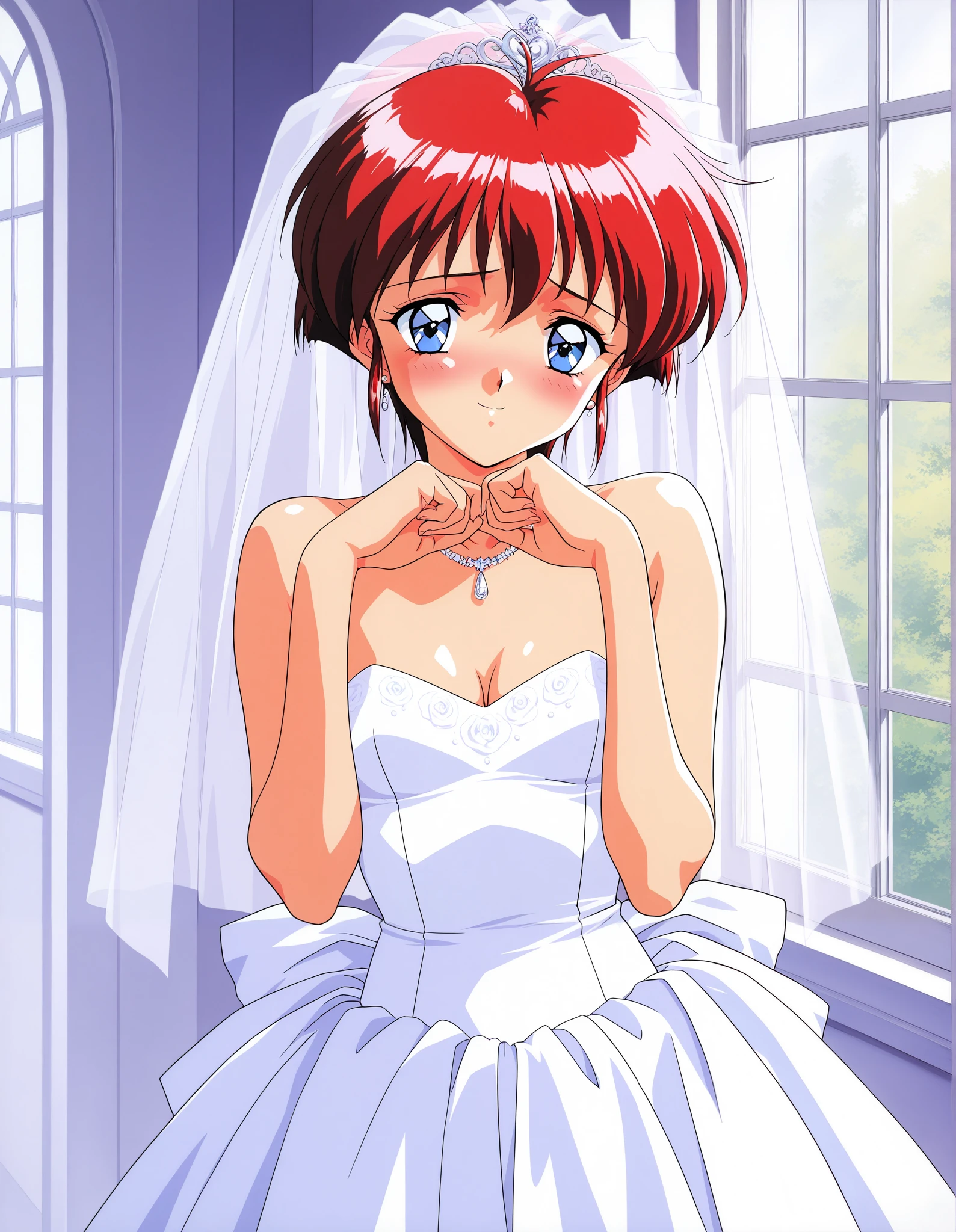 one girl, Alone, (cowboy shot), machine_hikari, red hair, short hair, blue eyes, bangs, small chest, 1990s ( style), small breasts, cleavage, (Wedding Dress), (shy:1.1), (smile), (I'm fascinated:1.1), ( sexy pose), ( wedding venue from the window), score_9, score_8_superior, score_7_superior, source_ anime, (best quality:1.2), masterpiece, high quality, full color, 8k, High Resolution, front light