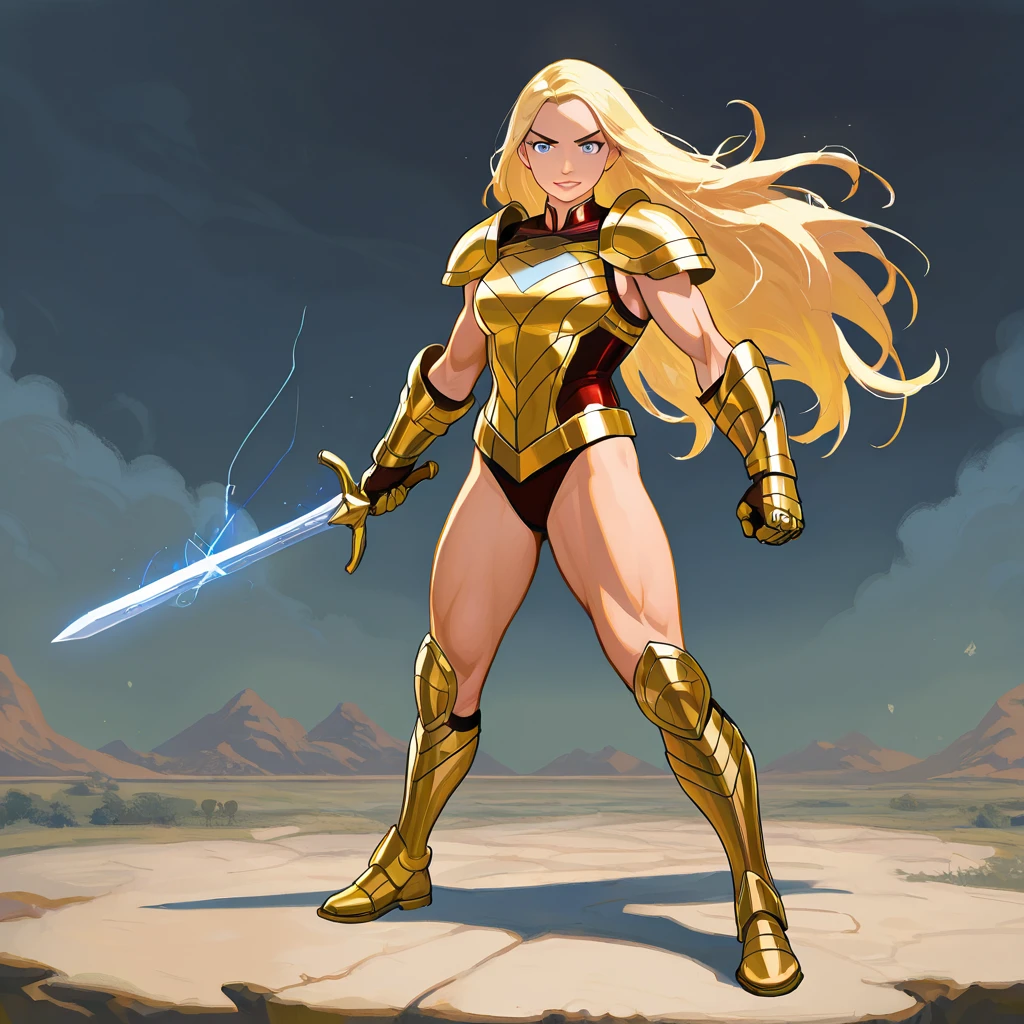bronze skin, tanned, gorgeous woman, full body shot, muscular, blank background, black background, blonde, armour