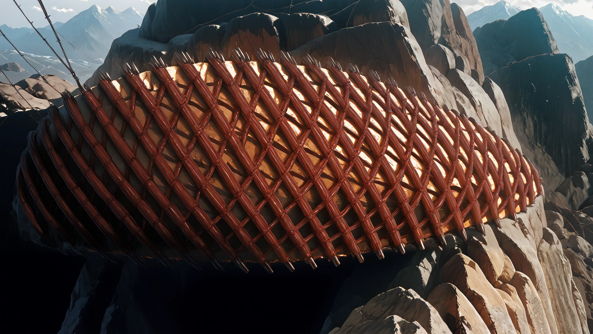 Barbed wire decorating circling around with rusty texture the color is dark pink, cinematic lighting, Rocky texture on surface ((hyper detailed)), raw defined refined edges raised surface like mountain range