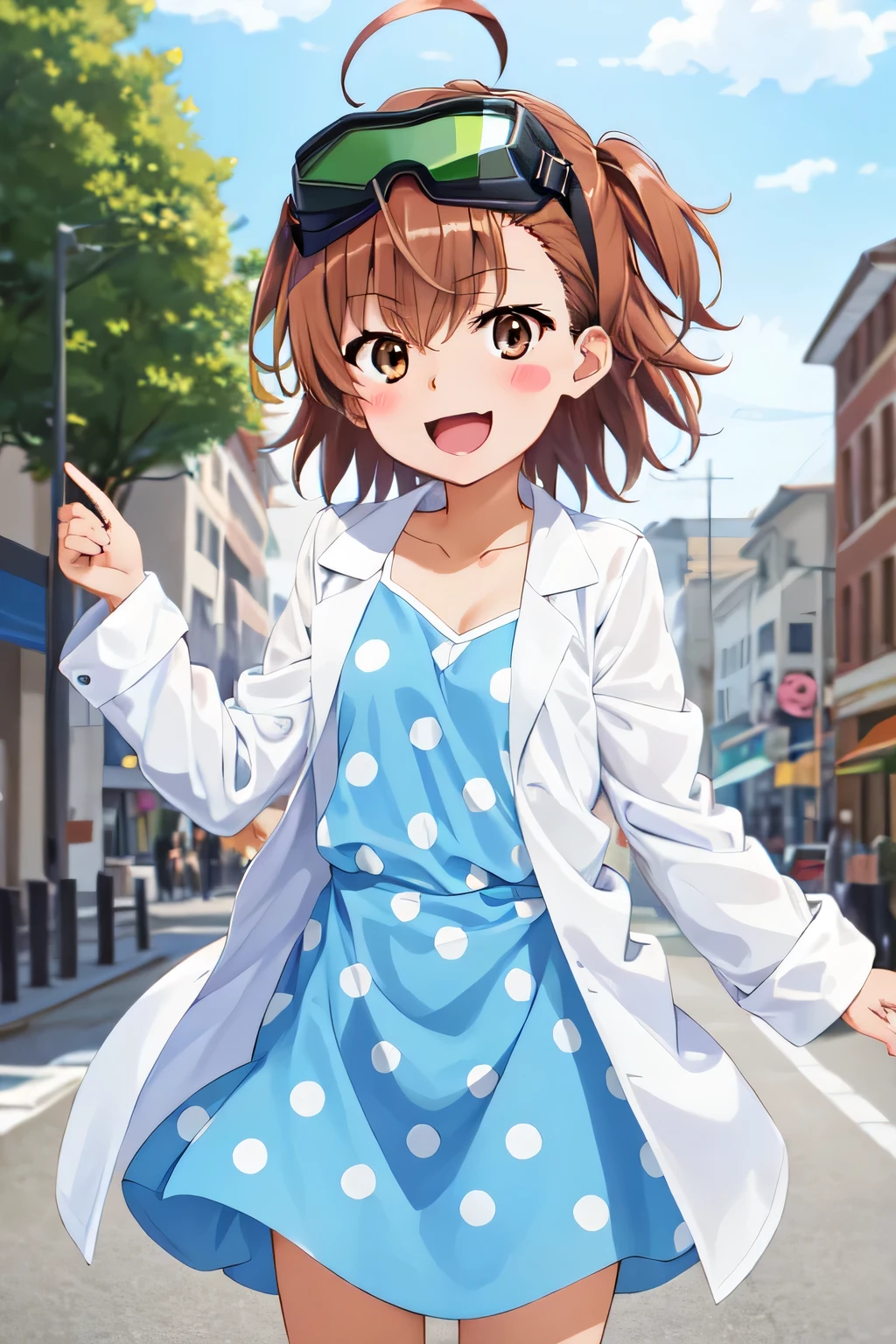 1girl, Last Order, smiley-smiley, full of smiles, opened mouth, talking confidently:1.5, street, aalo, short hair, ahoge, goggles on head, blush stickers, collarbone, polka dot dress, blue dress, labcoat, white coat, long sleeves (extremely dlietailed CG, masterpiece, highres icon,absurdres,4K),