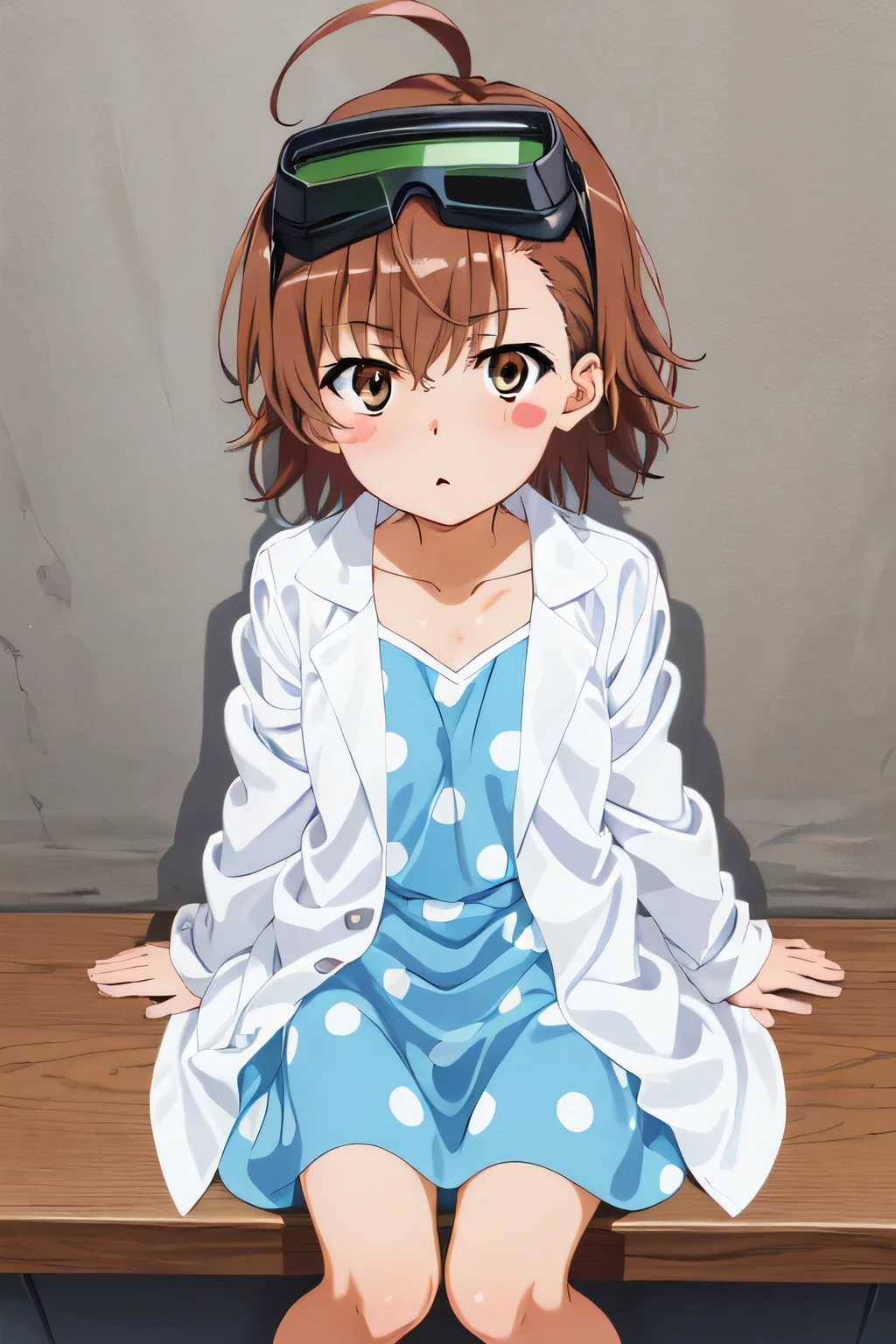 1girl, Last Order, curious face, sitting, squating, looking down, look at the viewer, aalo, short hair, ahoge, goggles on head, blush stickers, collarbone, polka dot dress, blue dress, labcoat, white coat, long sleeves (extremely dlietailed CG, masterpiece, highres icon,absurdres,4K),