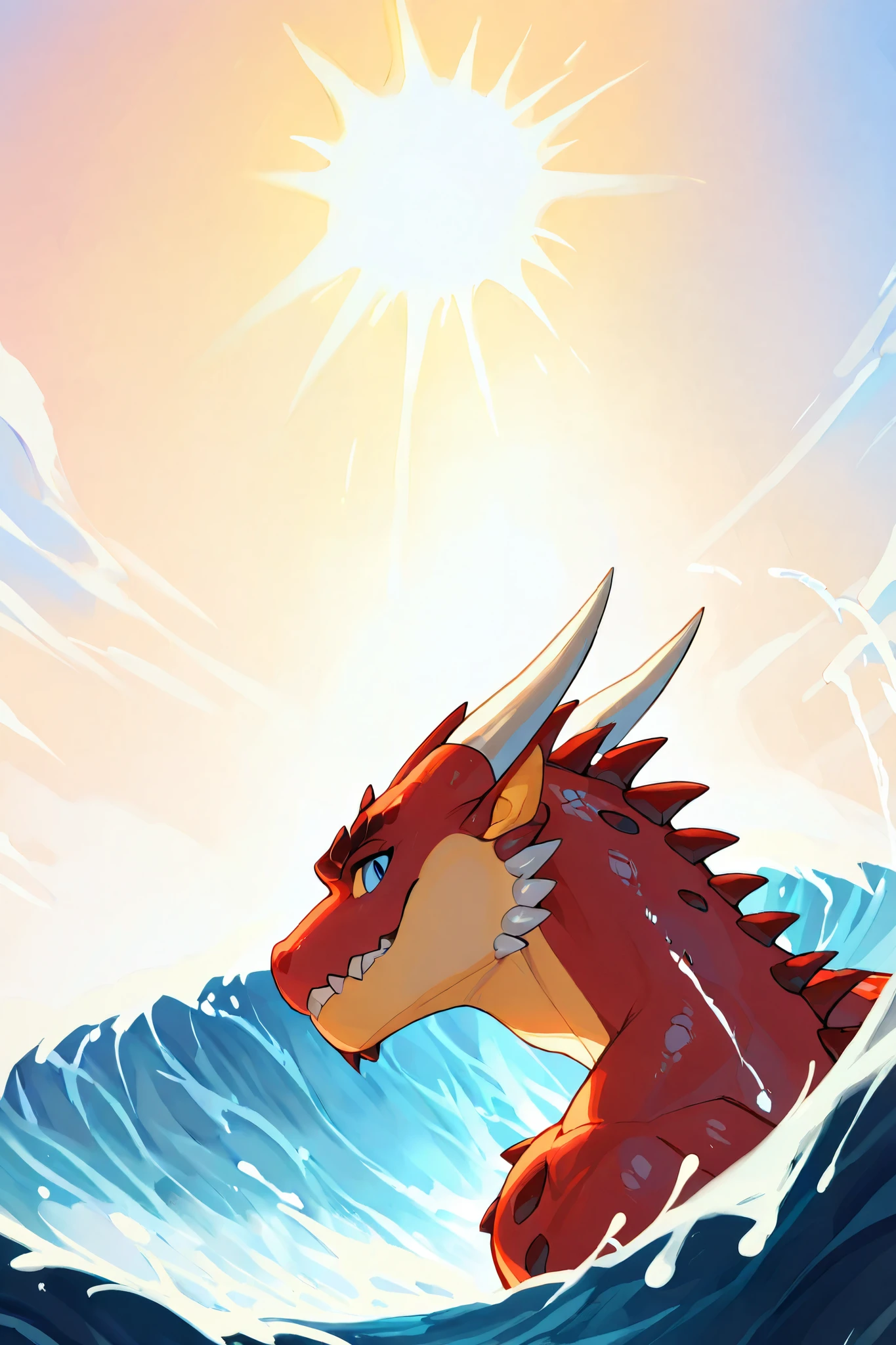 blue eye, back skin red, front skin yellow, white horns, male, dragon, beach background