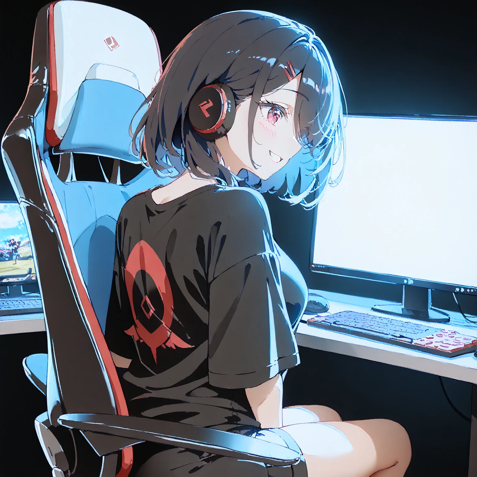 anime girl, short black hair , Headpone , looking disgusted , sitting in an armchair in a booth , seios planos , olographic panel, olographic monitors, cyberpunk, control center, working with olographic panel, mini-skirt, visible panties. Blue light. vista de cima .