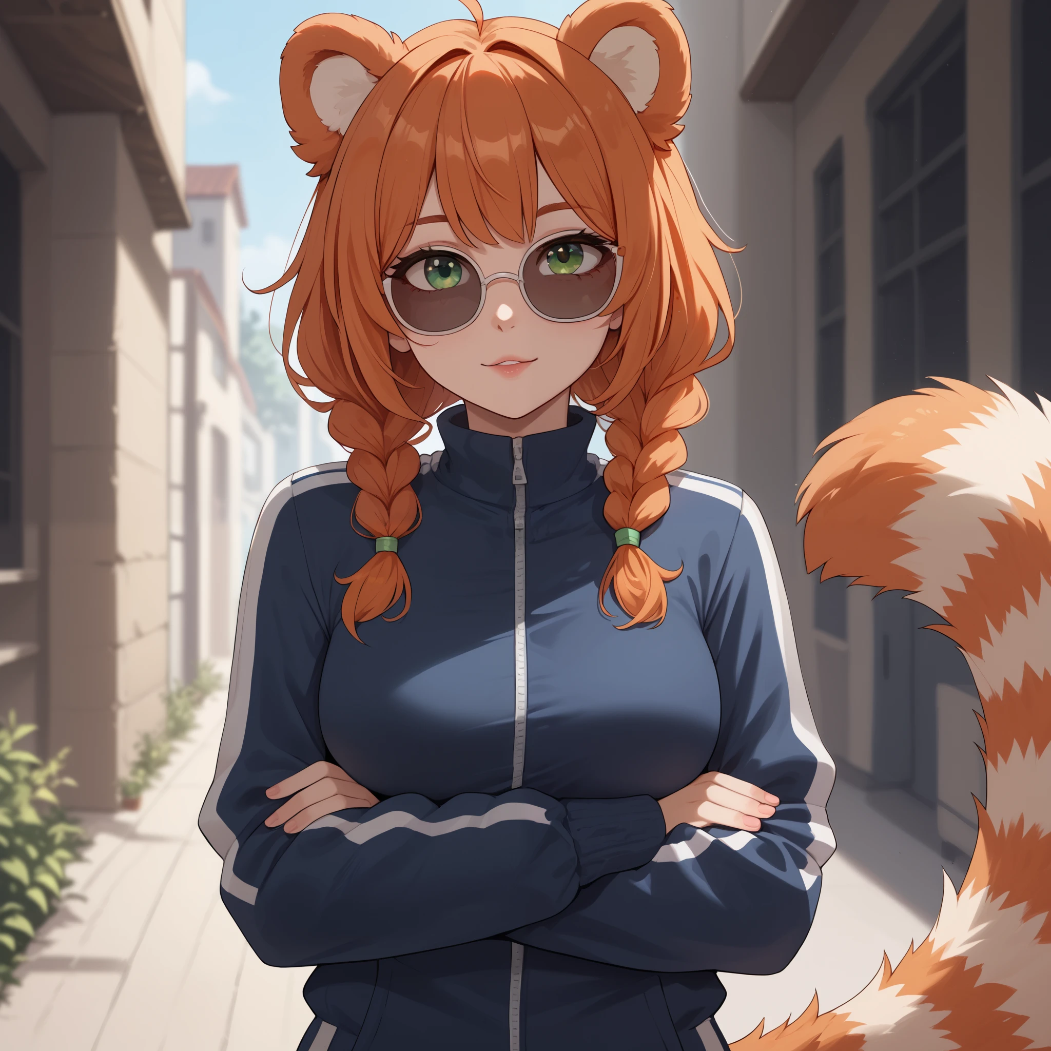 (Masterpiece) (High Detail) (High Res) A short curvy slim Humanoid red_panda Female with tanned human skin and bright green eyes and long braided orange hair and fluffy orange red_panda ears and a long fluffy red_panda tail and medium breasts. She is wearing an oversized baggy tracksuit and is stood with her arms folded and some sunglasses.