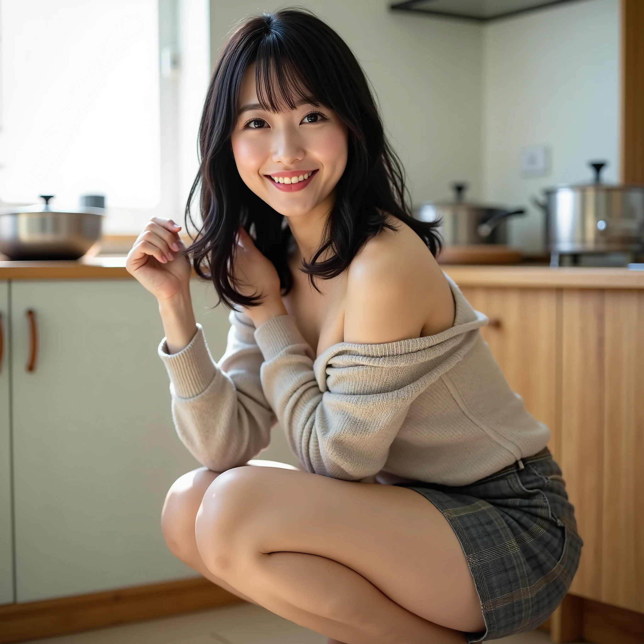 『 A Japanese woman ：1.3』『 real pictures：1.3』Highest quality：1.2、(( big droopy breasts 、 slender figure ))、dynamic angle、(( 40 year old woman))、(( has red cheeks ))『smile：1.9』、(((anatomically correct、perfect anatomy、anatomically correct指)))、 Photo by Nomi、Highest quality、Ultra High Definition、RAW Photos、(curvy body)、、bright lights、bright room、Ultra High Definition、RAW Photos、8k、Taken on iPhone 15、Detailed skin type、Active women、45 years old、(Mature Woman)、、laughter、Hair on all fours to hang over my ears、((sunny kitchen))、There are pans and pots in the kitchen、(Big Breasts)、(Super tight knit light blue sweater、Shoulderless sweater with shoulders out)、(short hair)、 black hair、Long bangs 、((Detailed Photos))、gray super tight skirt、((Squatting in the kitchen))、