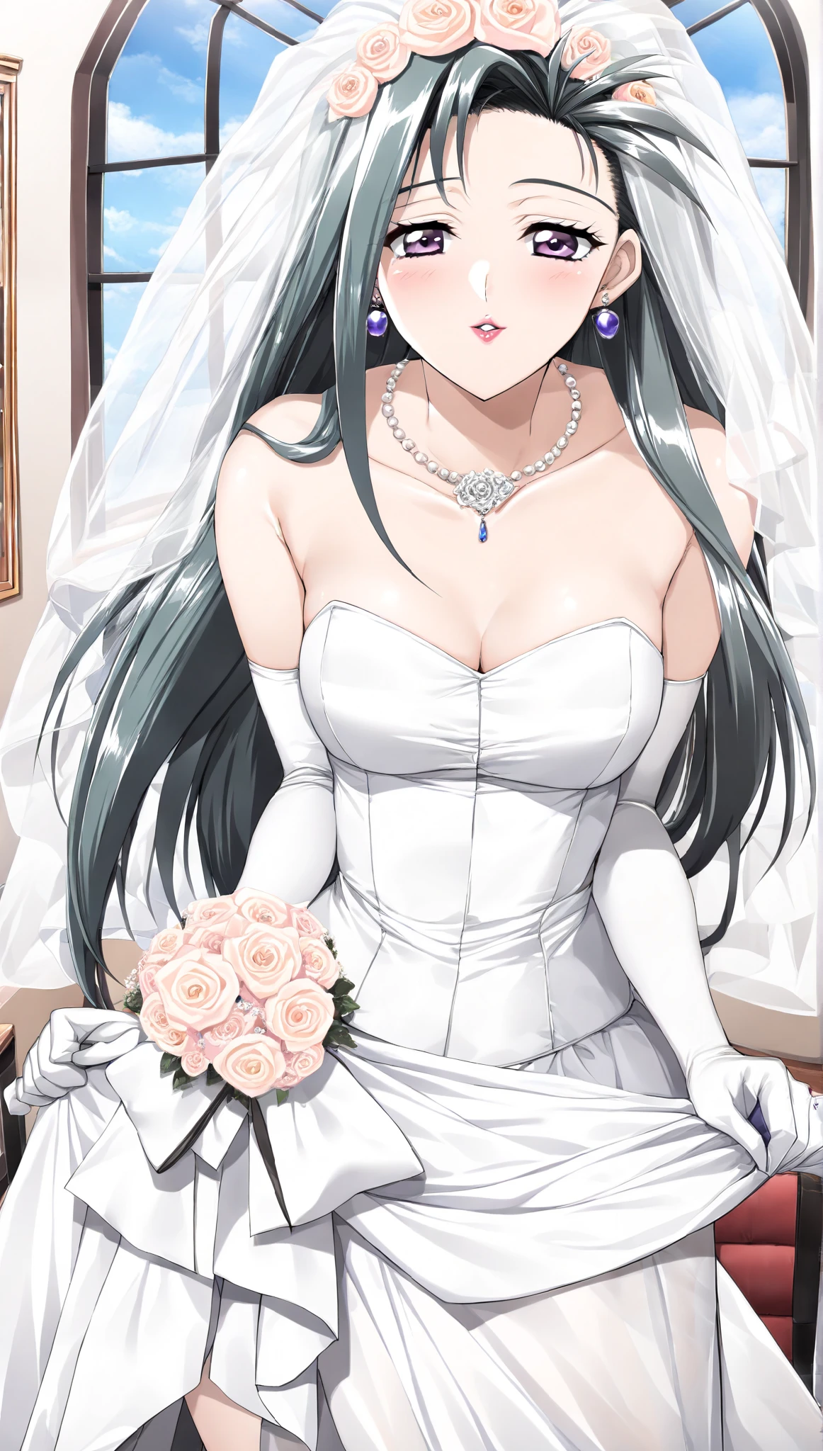 Alone, (cowboy shot), mitsuki_Shizuka, green hair, long hair, purple earrings, purple eyes, lipstick, gem, small breasts, cleavage, (Wedding Dress), (smile), (I'm fascinated:1.1), (incoming kiss:1.2), ( wedding venue from the window), score_9, score_8_superior, score_7_superior, source_ anime, (best quality:1.2), masterpiece, high quality, full color, 8k, High Resolution, front light