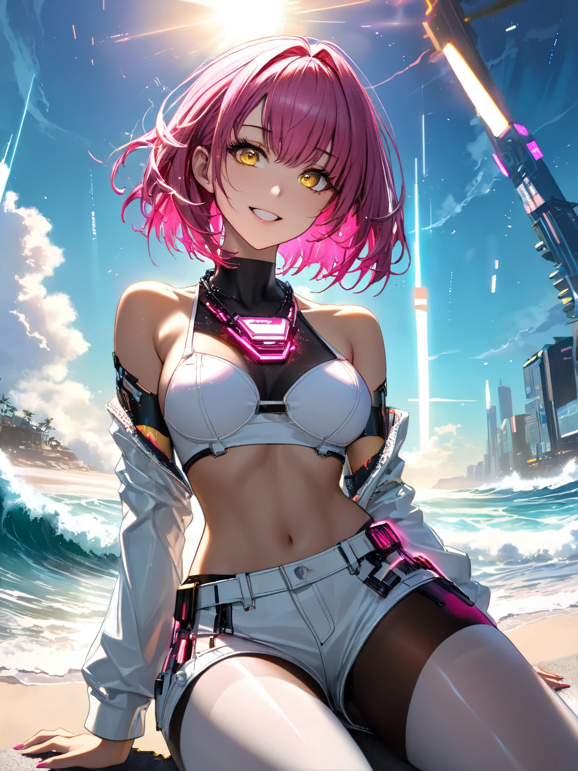 an attractive woman, naked girl, super sonico, solo, happy face, pink short bob hair, long breasts, A landscape shot of an outer space, Zero gravity, fisheye lens effect, Composition shot from above the head, put your toes in the screen, Fill the screen from head to toe, huge breasts, Pose that shows off the armpits, raise her elbows higher than her head, twist waist, inner thigh, large hip, navel, blush, standing position, dark red eyes, looking at viewer, cleavage, Laughter, white bikini, Both elbows are higher than the head ,whole body, No artifacts, Standing on beach ball floating in space, only outer space background, vivid pink shadow, vivid purple shadow, A mirror-like land