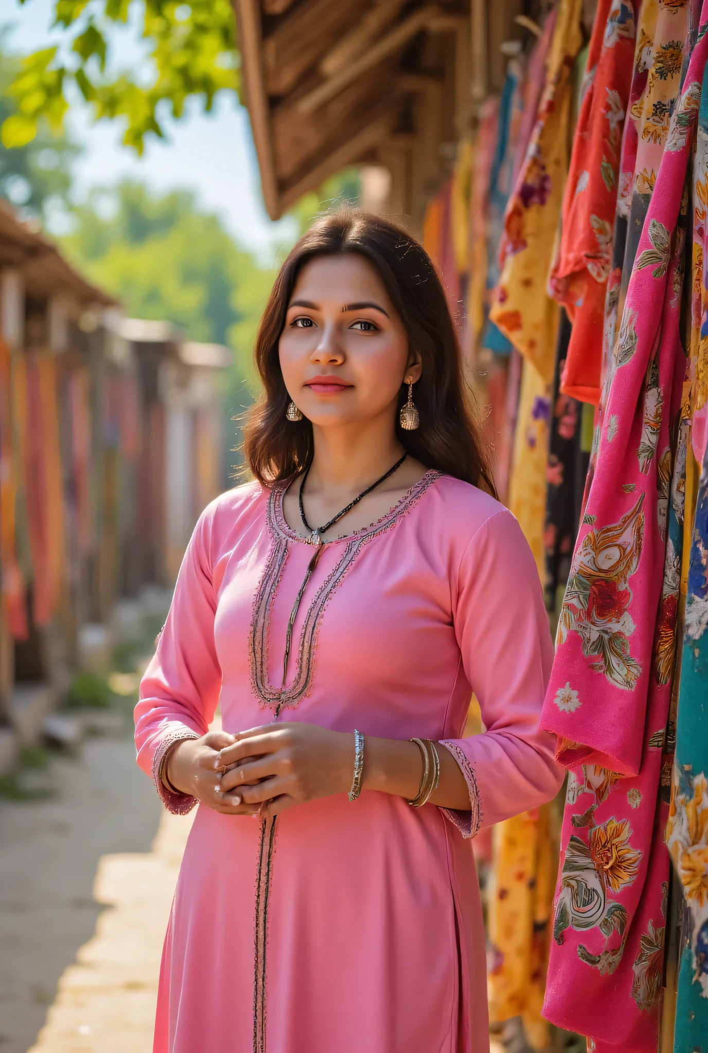 24 year girl in Indian village not modern village rural vibe wearing pink gujrati dress in Surat textile store in