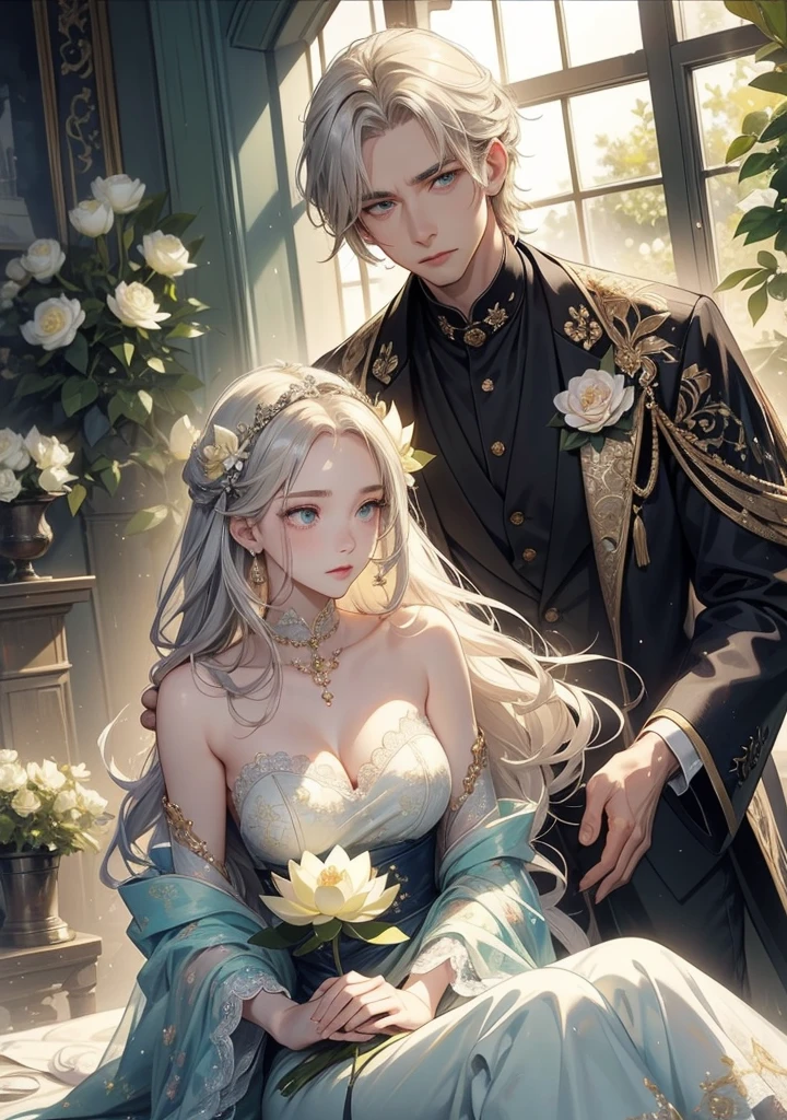 white、Ocean、droopy eyes、Brown eyeballs on face、smile、23 year old female、woman wearing one piece、long hair girl、((long hair girl))、Girl with bangs、detailed face、clean face、((best image quality))、mole、bouquet、bride、Mermaid Dress.Latte colored hair、blue eyes、heroine、blush