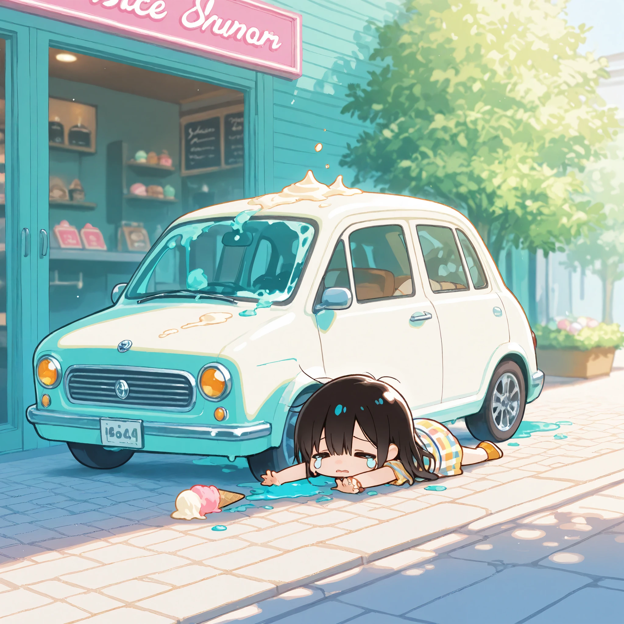 masterpiece, best quality, ultra-detailed, pastel tones, long shot,chibi, young girl lying face down on the ground in front of an ice cream shop's kitchen car, her crying, wearing a casual summer outfit, the ice cream she bought lying on the ground, scattered and melting, unable to be eaten anymore, her hand still outstretched as if trying to grasp what is now lost, soft afternoon sunlight casting gentle shadows, the bright and colorful kitchen car in the background, detailed depiction of the fallen ice cream with different flavors mixing on the pavement, focus on the girl's defeated posture and the humorous yet sad situation, warm and soft color palette, conveying a sense of irony and disappointment, the atmosphere is a blend of lightheartedness and quiet resig