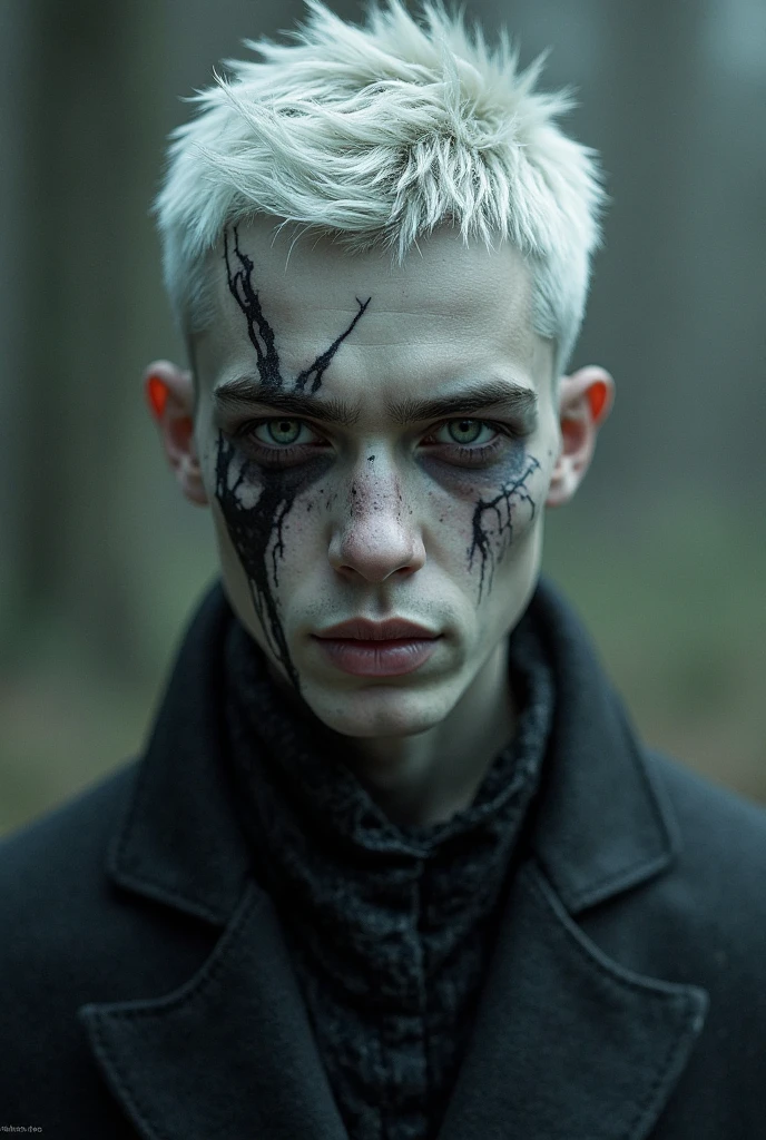 Handsome young man dressed as a plague doctor, without mask, has black eyes , has black hair and another part is white