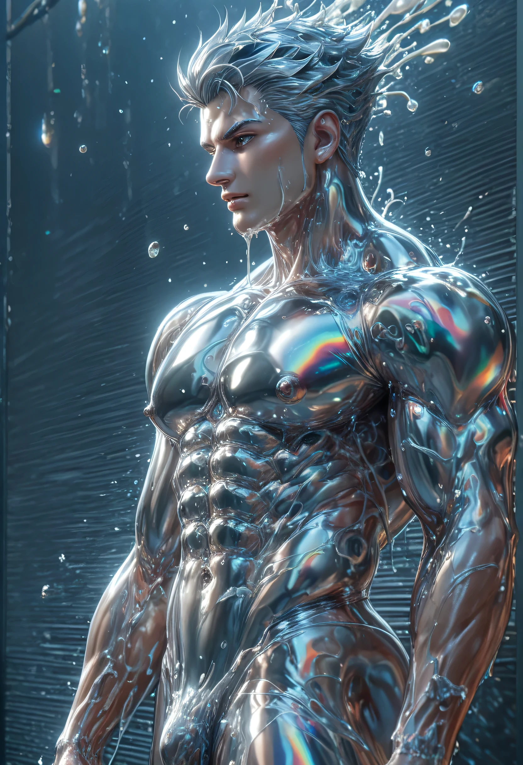 (mid_shot:1.3),(1 male:1.2),(muscle man:1.1),(frontal illumination:1.2),with a silver body and glitters with lights above,extreme iridescent reflection,in the style of vray tracing,vibrantmanga,shiny/ glossy,rococo pastel,fluid form,tinycore,fluid impressions,vray,machine aesthetics,yanjun cheng,silver,shiny eyes,fluidform.,the young warrior,male characteristics,