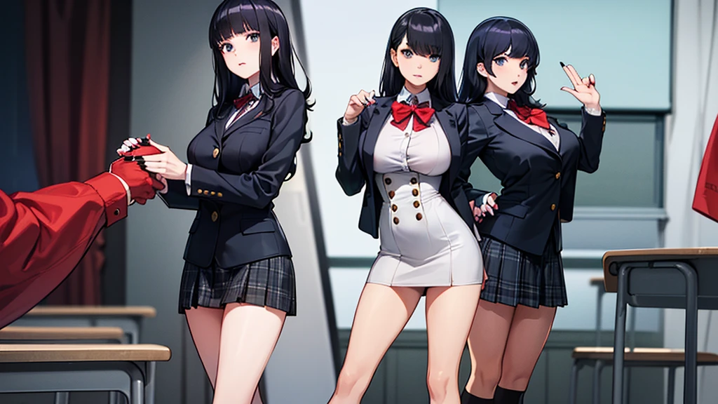 Black long straight adult female，，cleavage，Suit，Short skirt，underwear，，black pantyhose，office