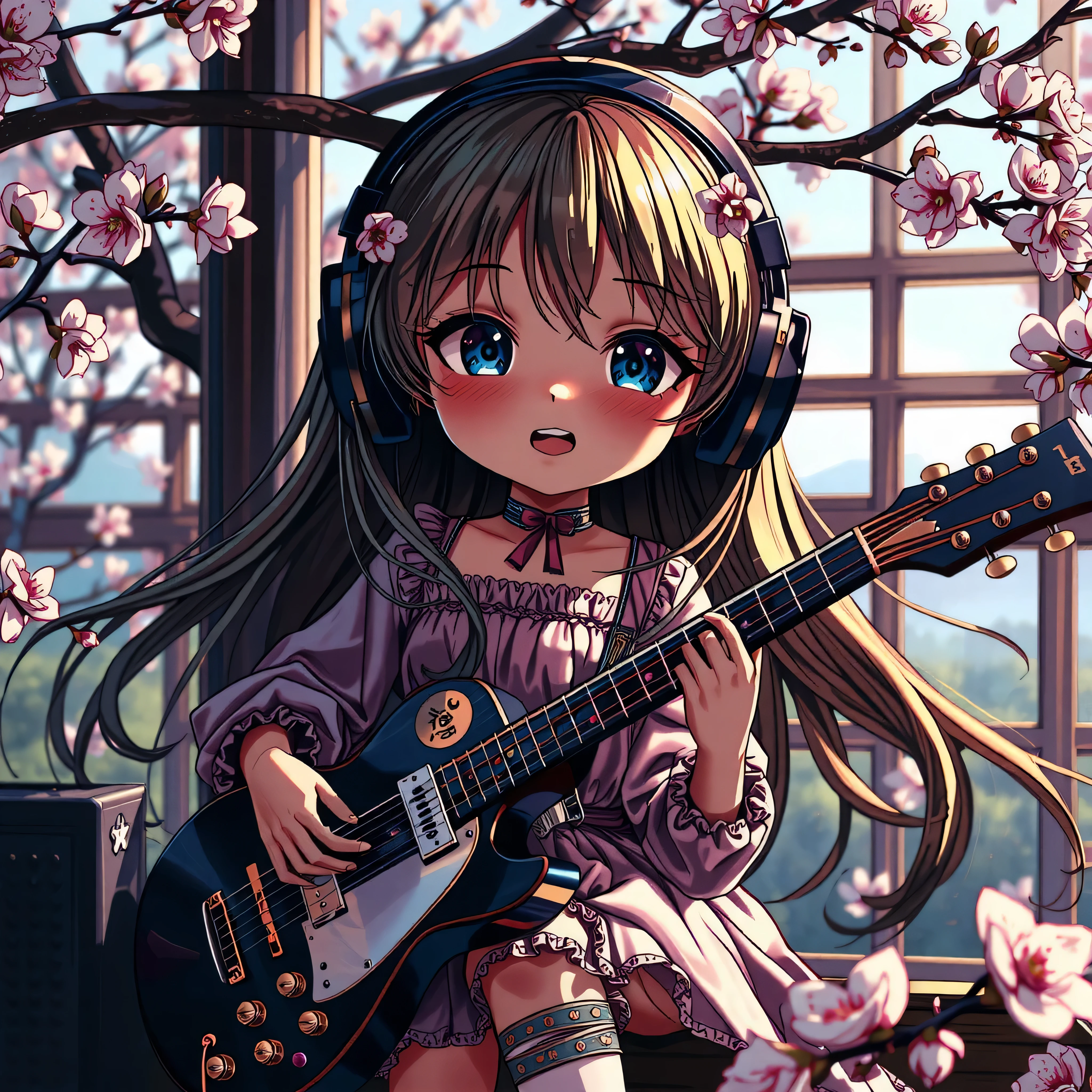 (A small chest:1.3),(masterpiece, best quality:1.4), (beautiful, aesthetic, perfect, delicate, intricate:1.2),(full body:1.2), (best beautiful:1.2), (masterpiece:1.2), (best quality:1.2),1 chibi girl very cute with long blonde hair, blue eyes, hairband, pink dress, long tube socks, outdoors, playing guitar, music, holding guitar, cherry blossom trees, blonde hair, blush stickers, long sleeves, bangs, headphones, detailed face), (beautiful detailed eyes), smiling