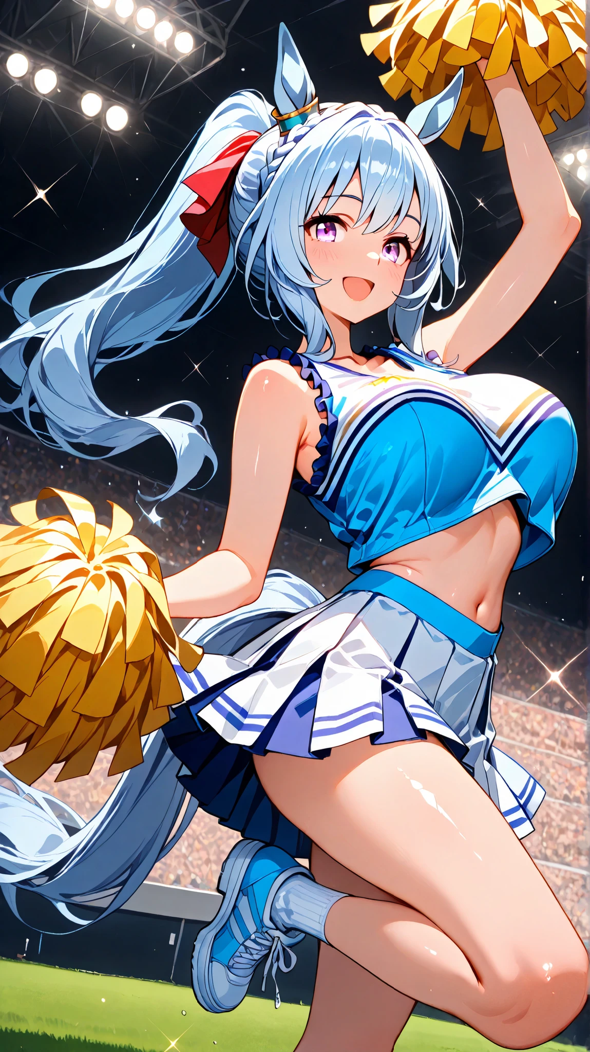 (master piece, professional quality, high resolution, 8k, sharp focus), メジロアルダン \(ウマ娘\), 1 girl, solo, light blue hair, long hair, ponytail, light purple eyes, Horse ears, so beautiful , Cute Girl, Very pretty, Beautiful girls, big breasts, Horse tail, cheerful :d, jumping, looking at viewer,
beautiful Face and skin, shiny skin, Very smooth and beautiful hair, detaild eyes, BREAK crown braid, horse ears, ear ornament, frills, dynamic angle, high saturation, light sparkles, hud_ch_ldr, cheerleader, blue and white crop top, blue and white pleated skirt, blue pom pom \(cheerleading\), Racecourse, In front of the spectator stands, Fan service to the audience on the lawn