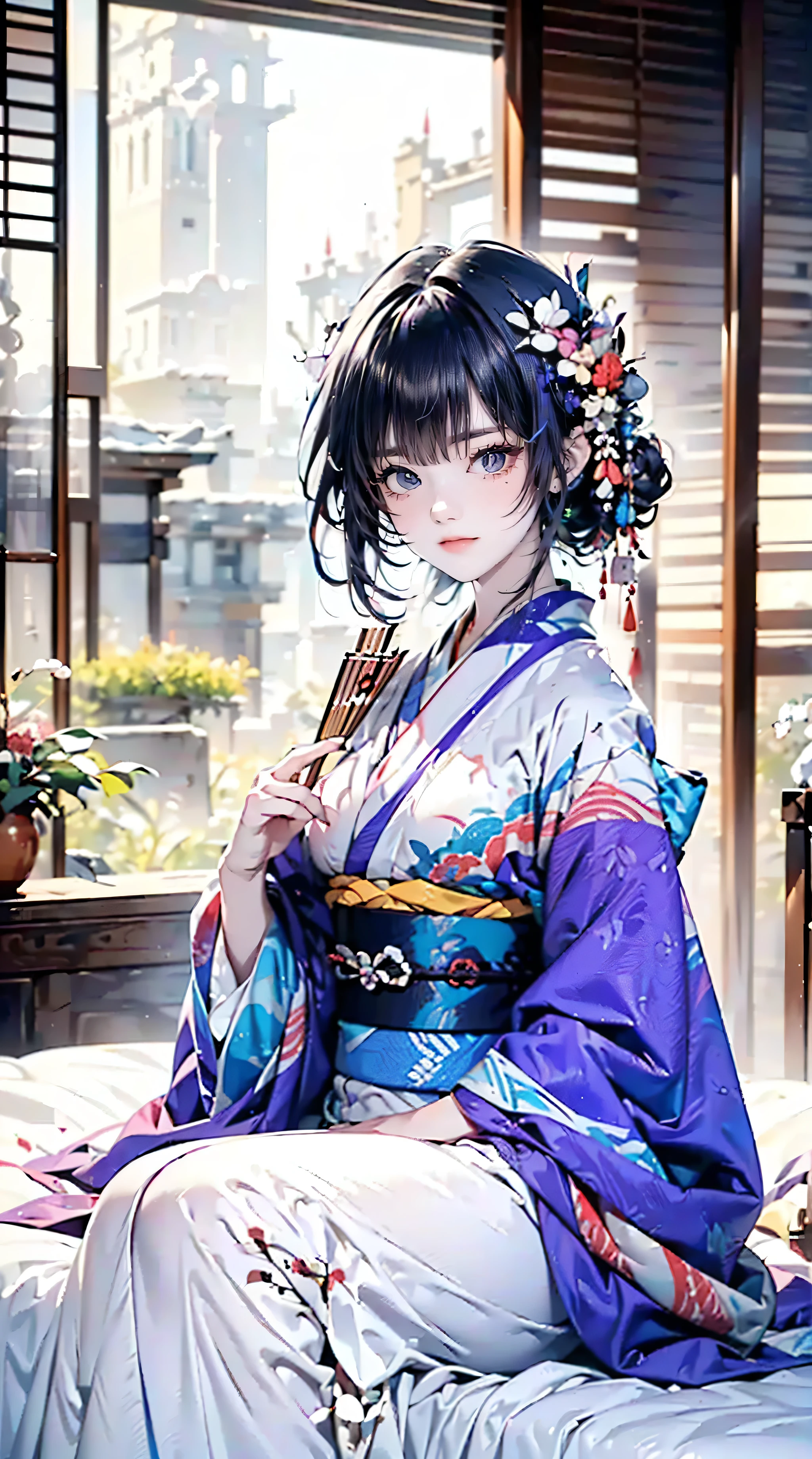 Highest quality, 8K, Best quality, Masterpiece, ((Beautiful human aristocrat princess with odd eyes)), ((Heterochromia, red eyes, green eyes)), ((Sparkling, fine eyes)), Beautiful eyes, ((Long silver and purple hair)), ((Sitting in the bedroom of an ancient castle wearing 12 layers of kimono and holding a fan in her hand)), ((Glossy skin)), ((Small breasts)), ((Wearing a Nishijin-ori kimono with a collar bursting with color in 12 layers of 12 colors)), ((The kimono collar is 12 layers of 012 colors)), Anatomically accurate depiction, Detailed depiction down to the fingertips, Very beautiful scenery