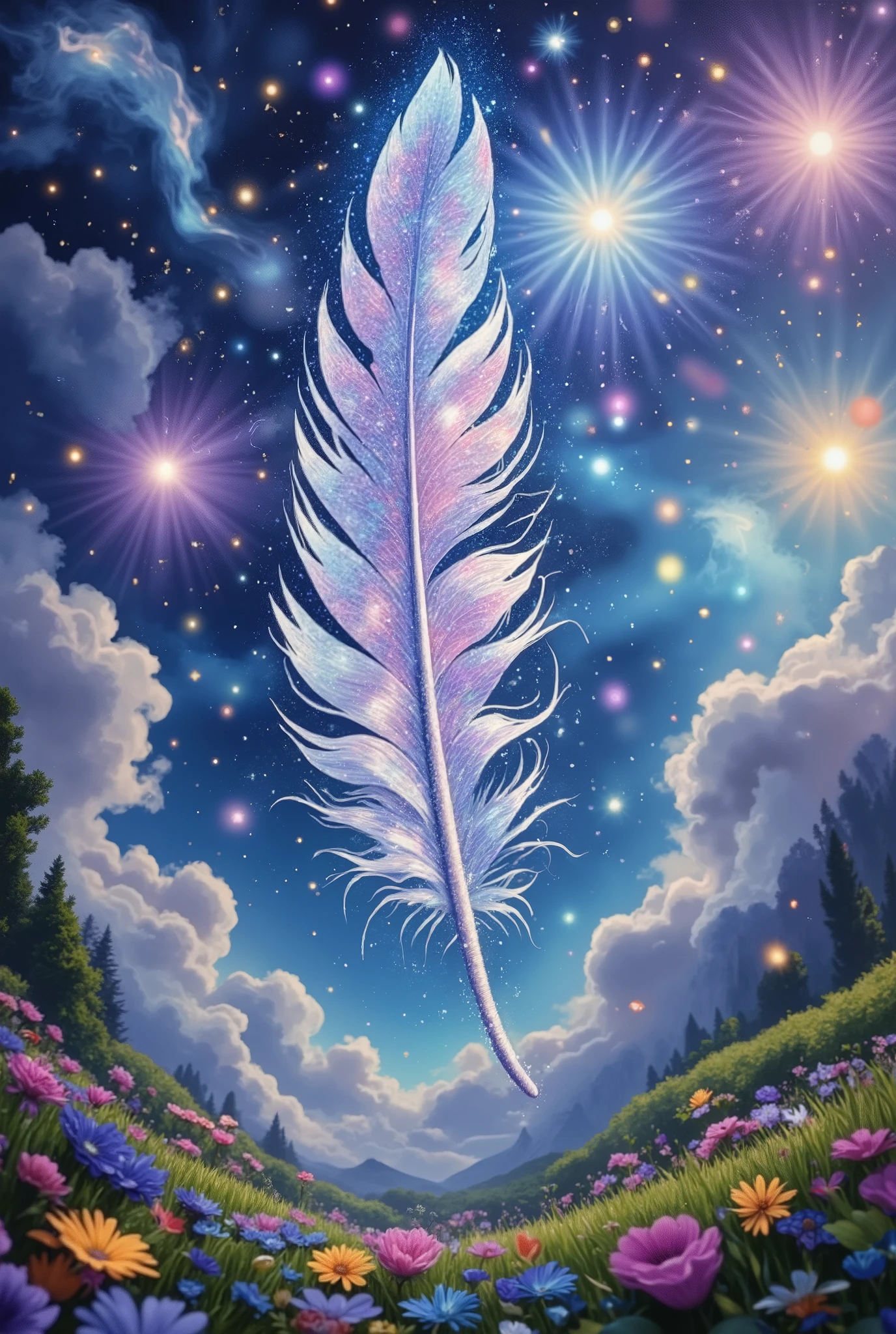 ultra detailed, absolutely resolution, masterpiece, a floating feather, fairytale fantasy wonderland worldview, various iridescent foggy glitter effects