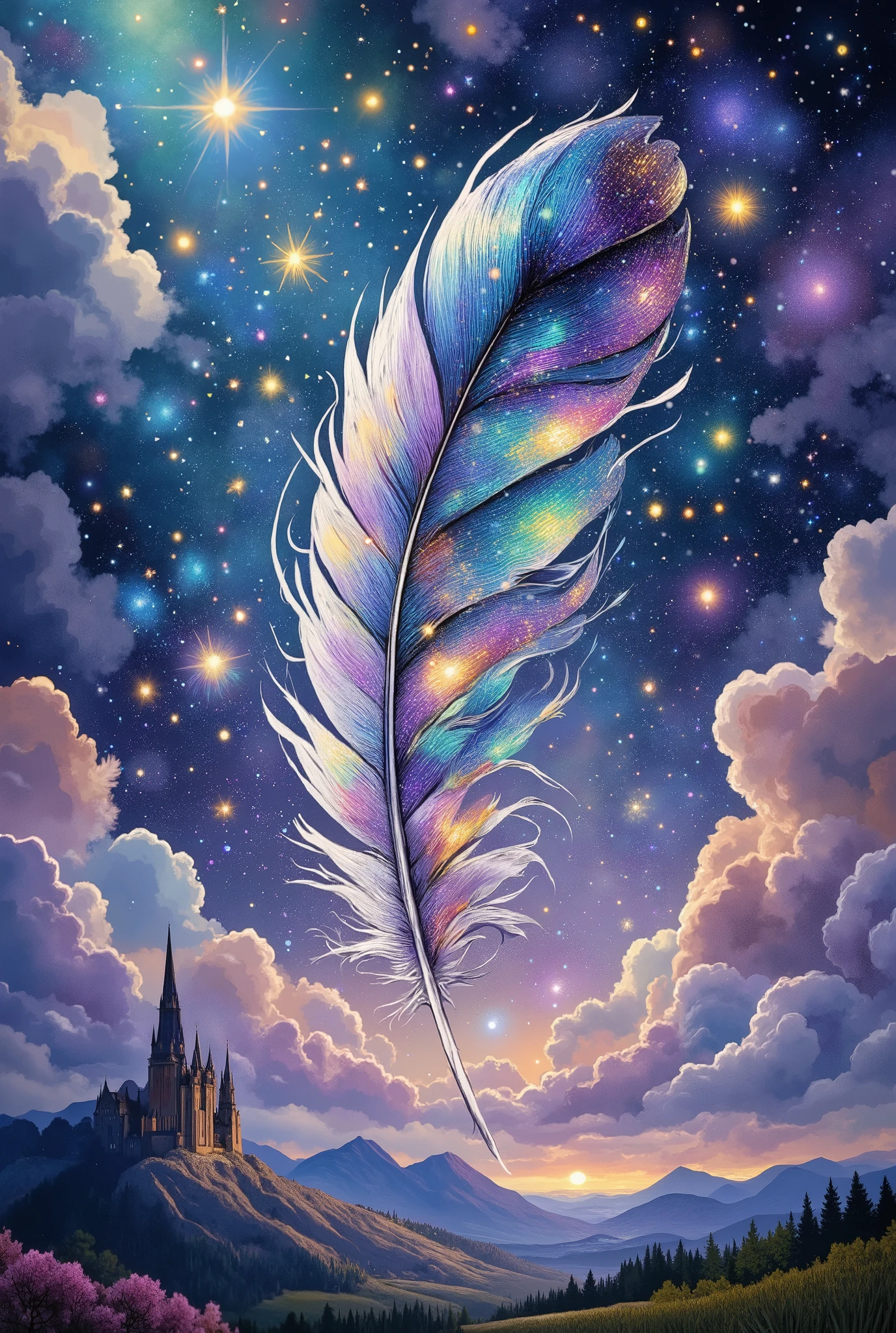 ultra detailed, absolutely resolution, masterpiece, a floating feather, fairytale fantasy wonderland worldview, various iridescent foggy glitter effects